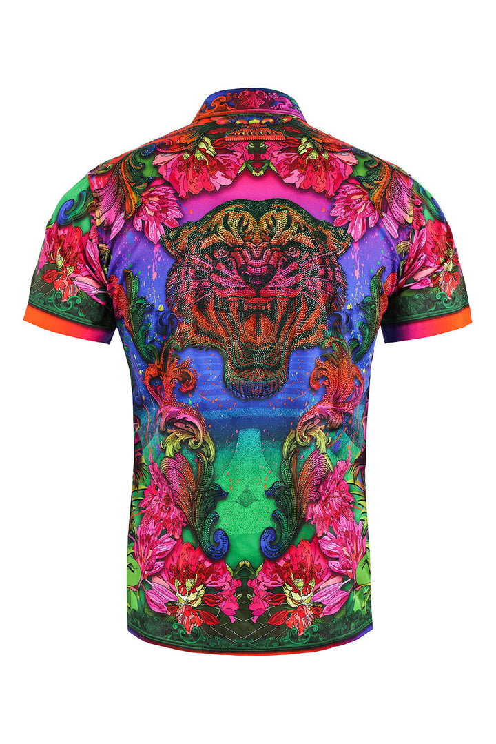 BARABAS Men's Tiger Floral Rhinestoned Short Sleeve Shirt 3SR400 Multicolor
