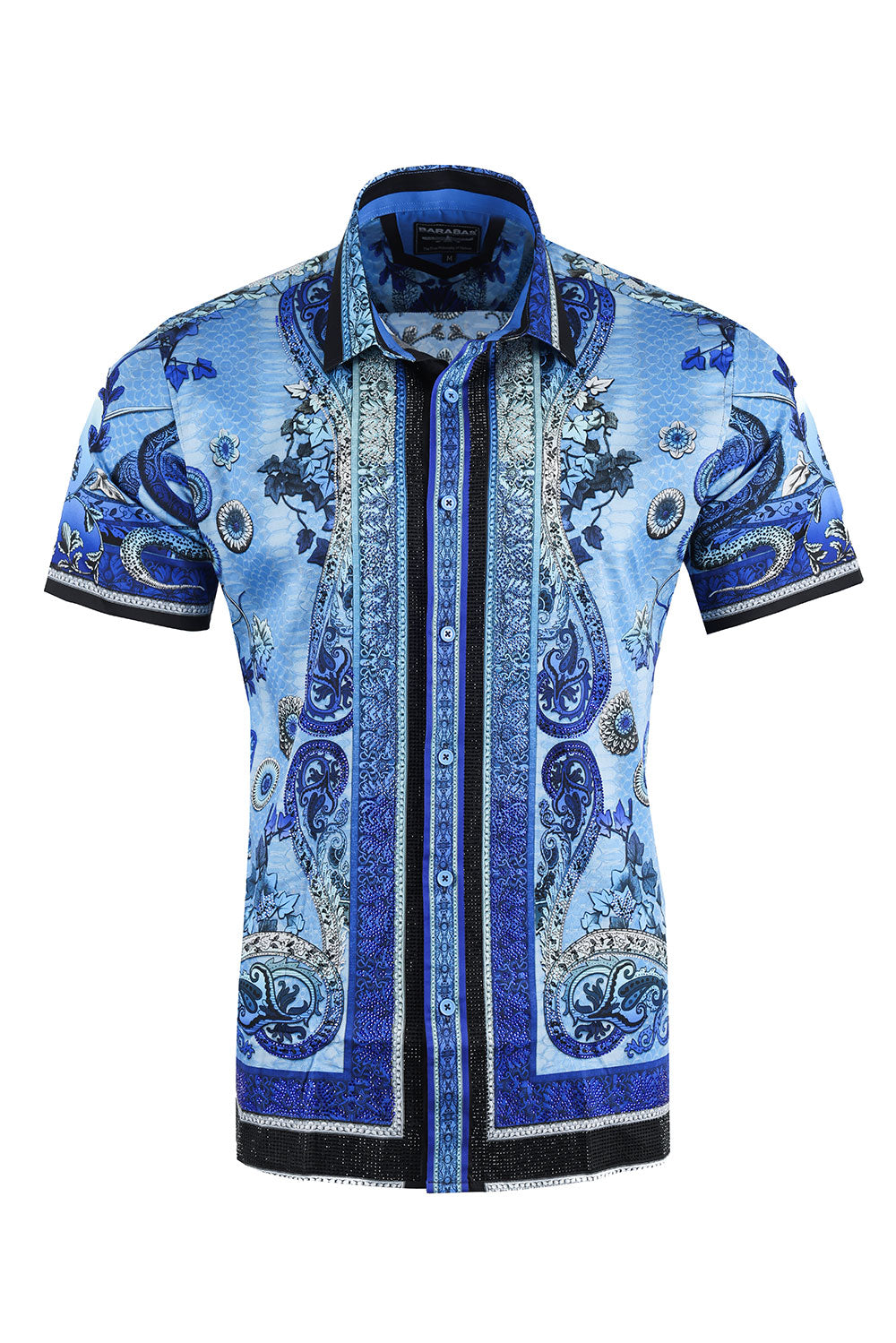 BARABAS Men's Paisley Floral Rhinestoned Short Sleeve Shirt 3SR408 Blue