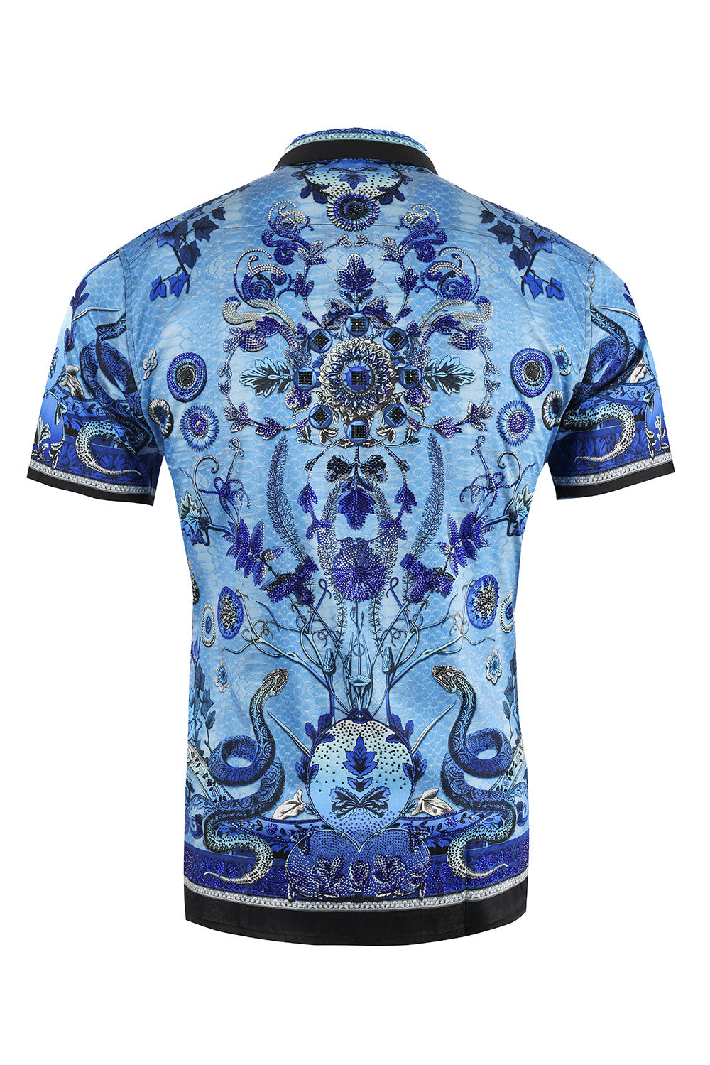 BARABAS Men's Paisley Floral Rhinestoned Short Sleeve Shirt 3SR408 Blue