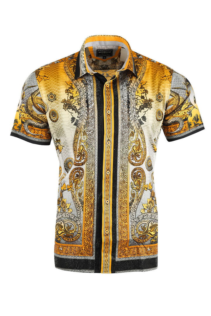 BARABAS Men's Paisley Floral Rhinestoned Short Sleeve Shirt 3SR408 Yellow