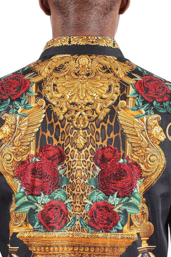 BARABAS Men's Leopard and Rhinestone Floral Short Sleeve Shirts 3SR418 Black