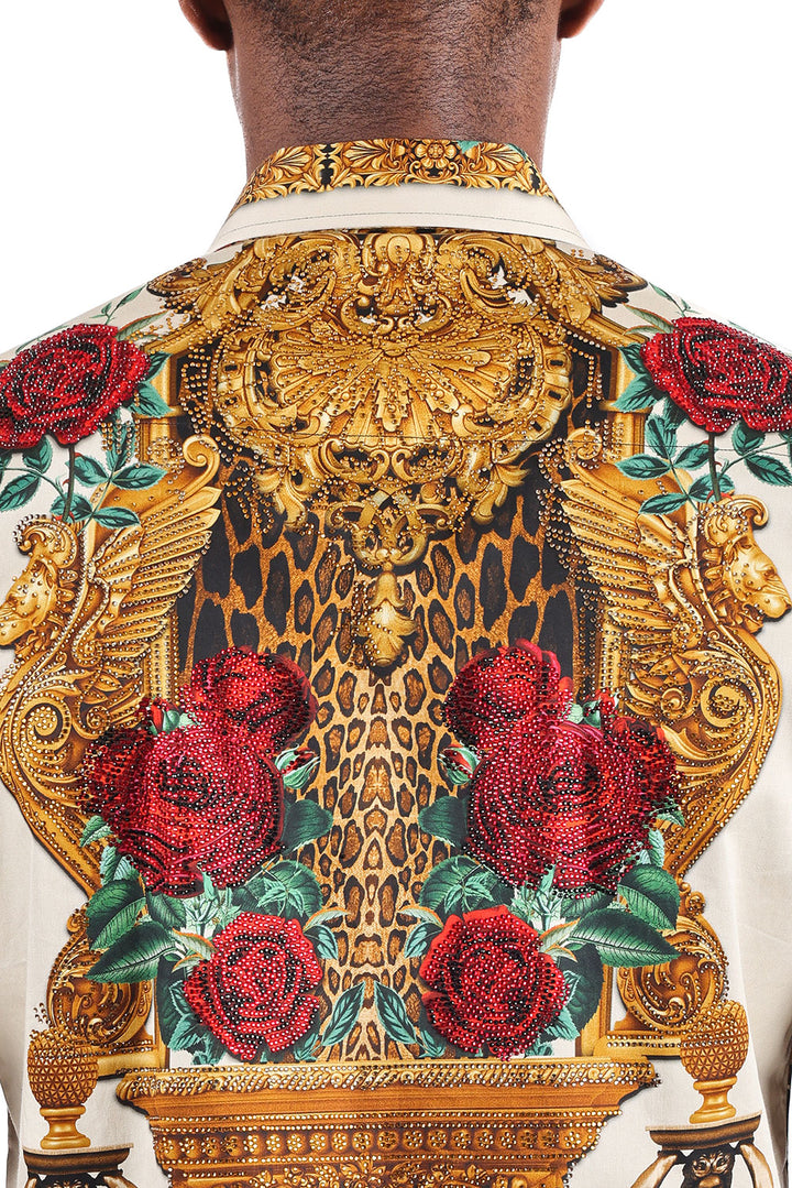 BARABAS Men's Leopard and Rhinestone Floral Short Sleeve Shirts 3SR418 Cream
