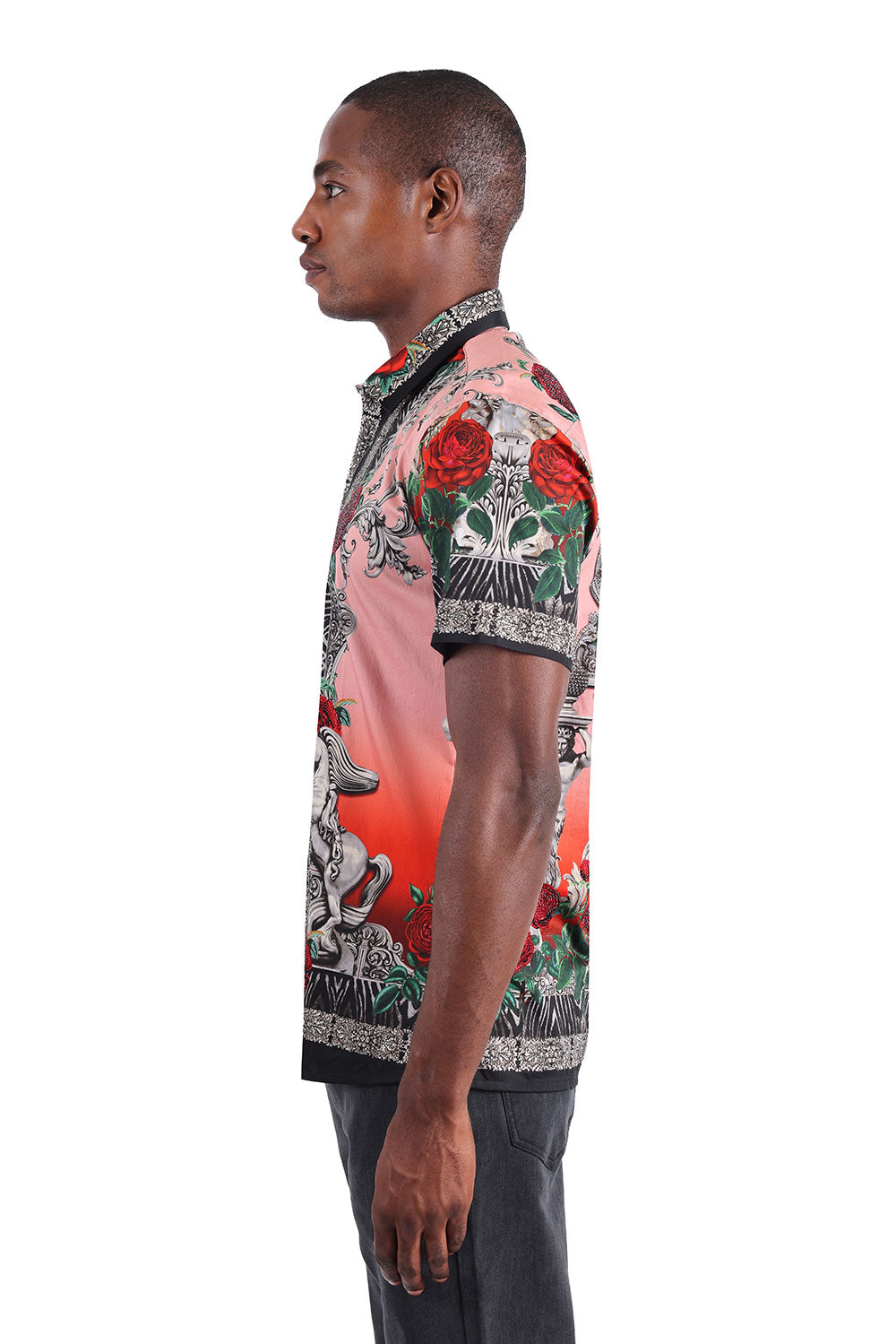 BARABAS Men's Leopard and Rhinestone Floral Short Sleeve Shirts 3SR418 Pink