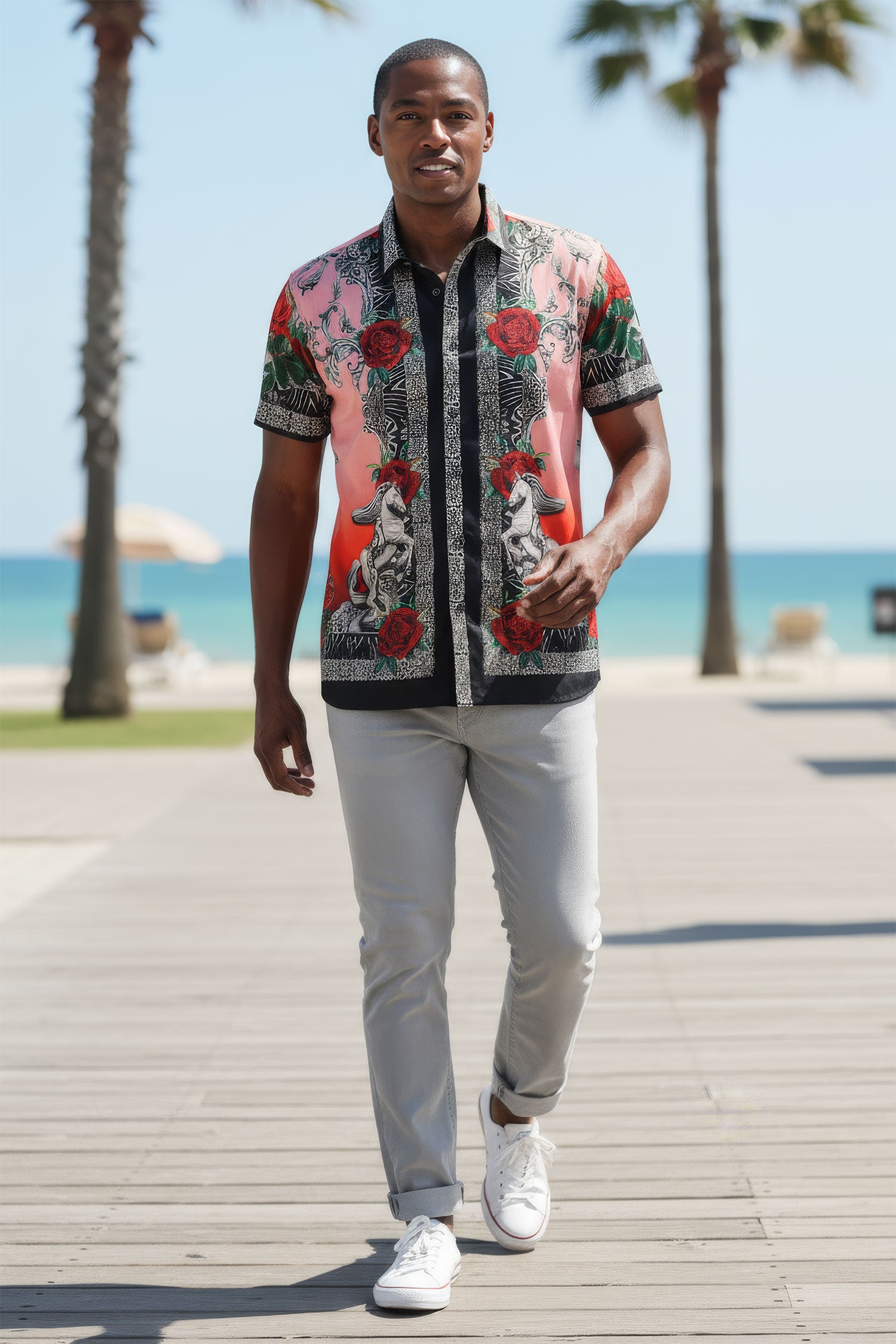 BARABAS Men's Leopard and Rhinestone Floral Short Sleeve Shirts 3SR418 Pink