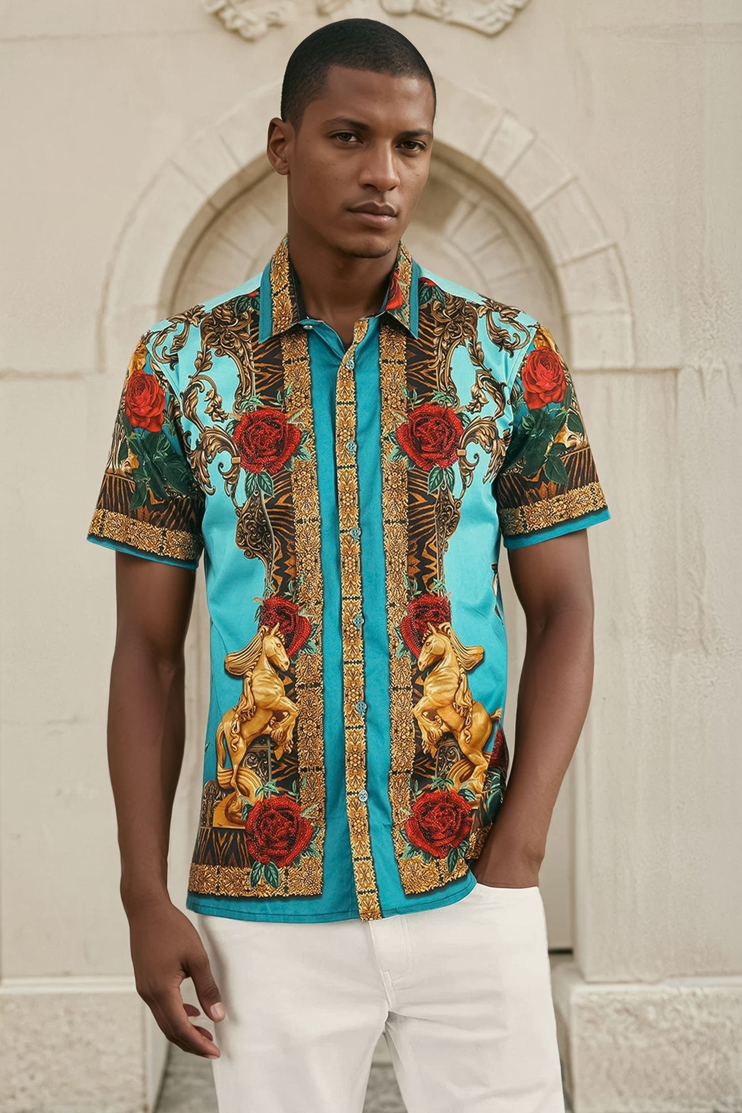 BARABAS Men's Leopard and Rhinestone Floral Short Sleeve Shirts 3SR418 
