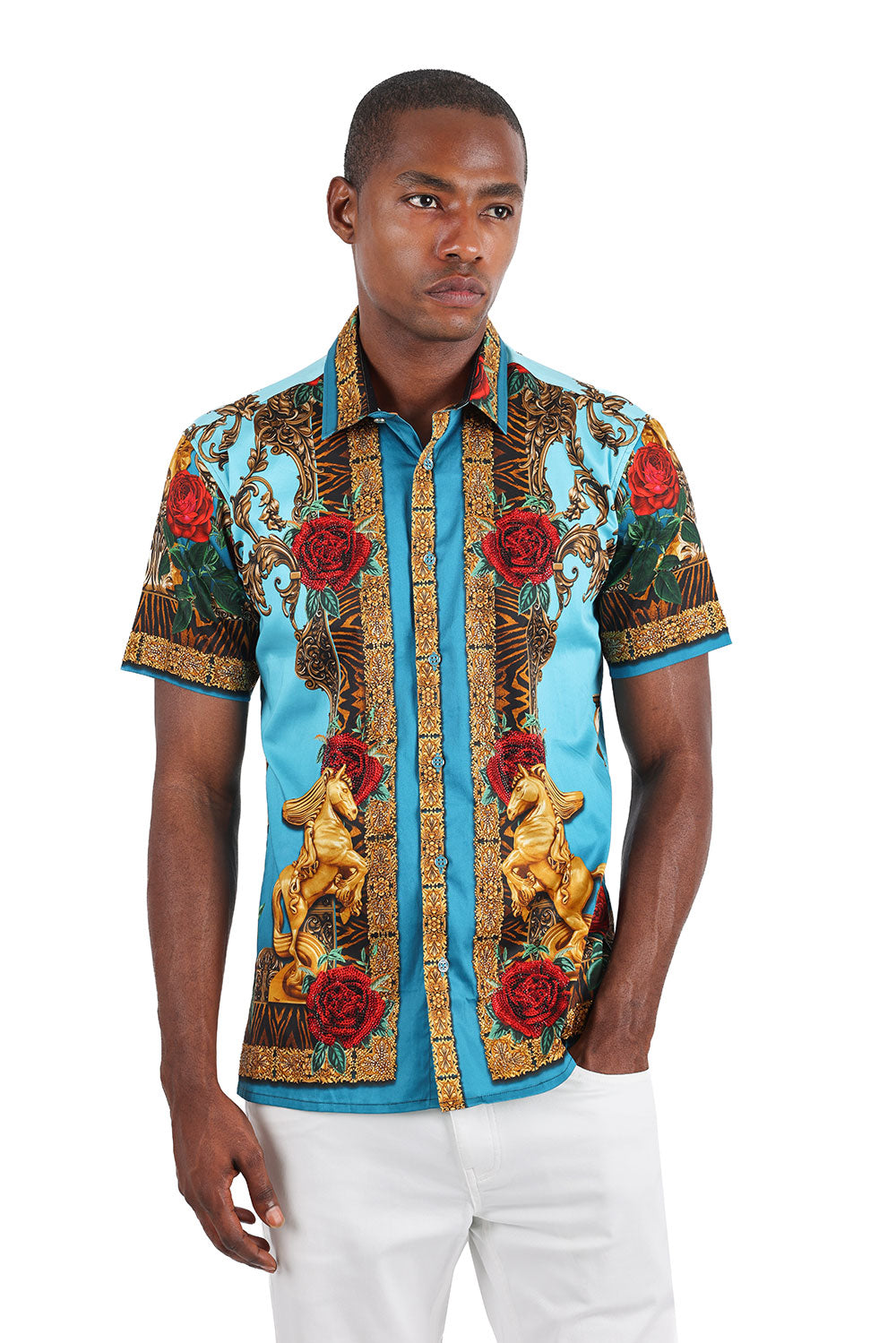 BARABAS Men's Leopard and Rhinestone Floral Short Sleeve Shirts 3SR418 Turquoise