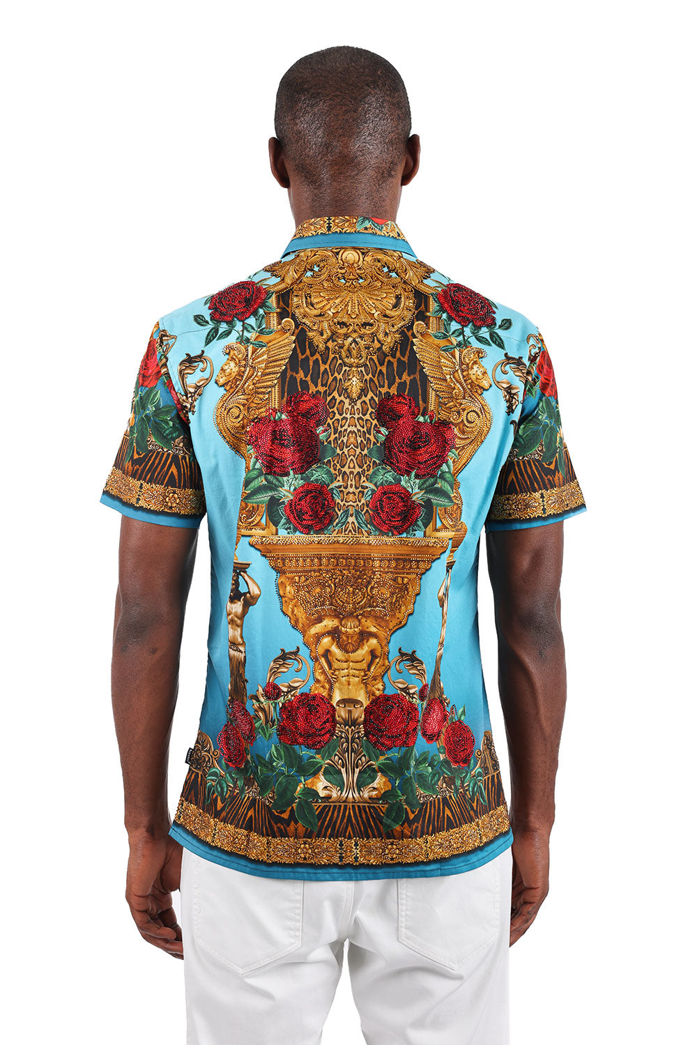 BARABAS Men's Leopard and Rhinestone Floral Short Sleeve Shirts 3SR418 Turquoise
