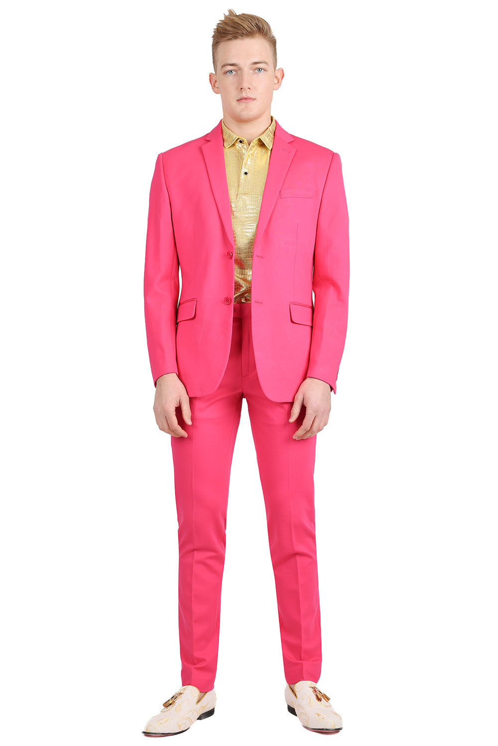 BARABAS Men's Brushed Cotton Notched Lapel Matt Suit 3SU02 Fuchsia