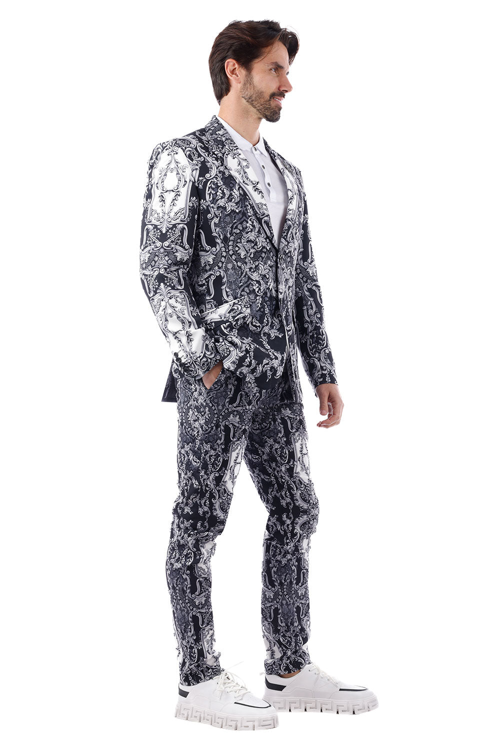 BARABAS Men's Greek Floral Pattern Peak Lapel Suit 3SU22 Black