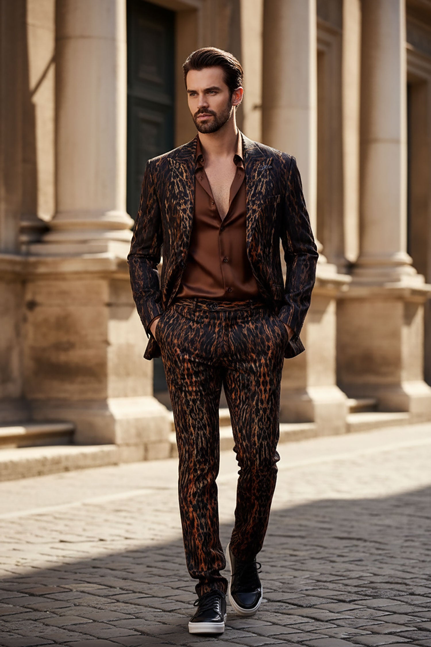 BARABAS Men's Leopard Animal Peak Lapel Suit 3SU23 Brown