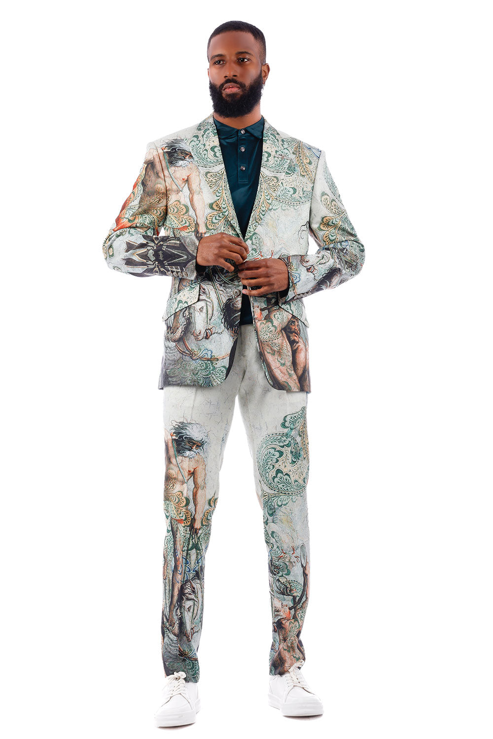 BARABAS Men's Floral Patterned Horse God Peak Lapel Suit 3SU24 Cream