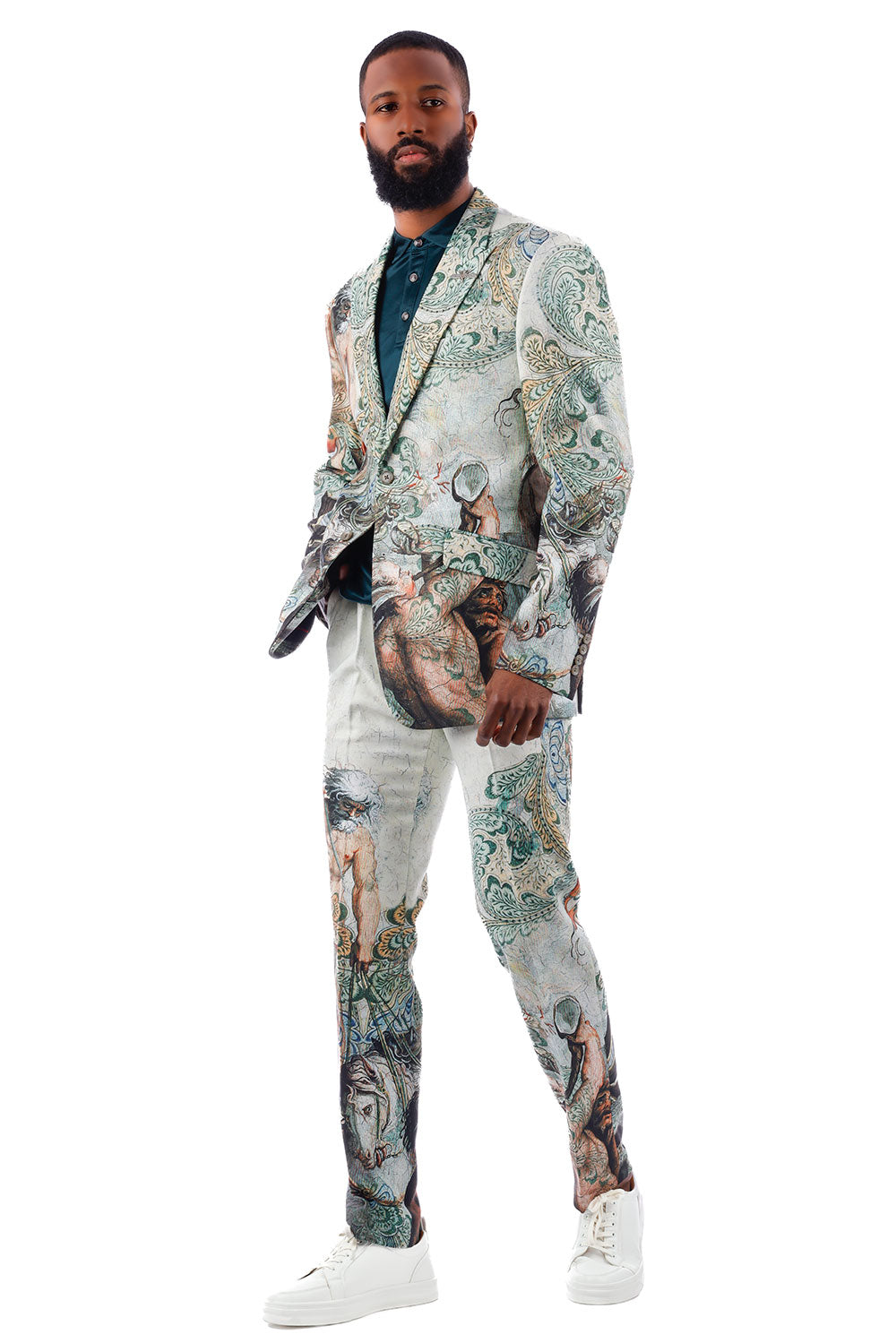 BARABAS Men's Floral Patterned Horse God Peak Lapel Suit 3SU24 Cream