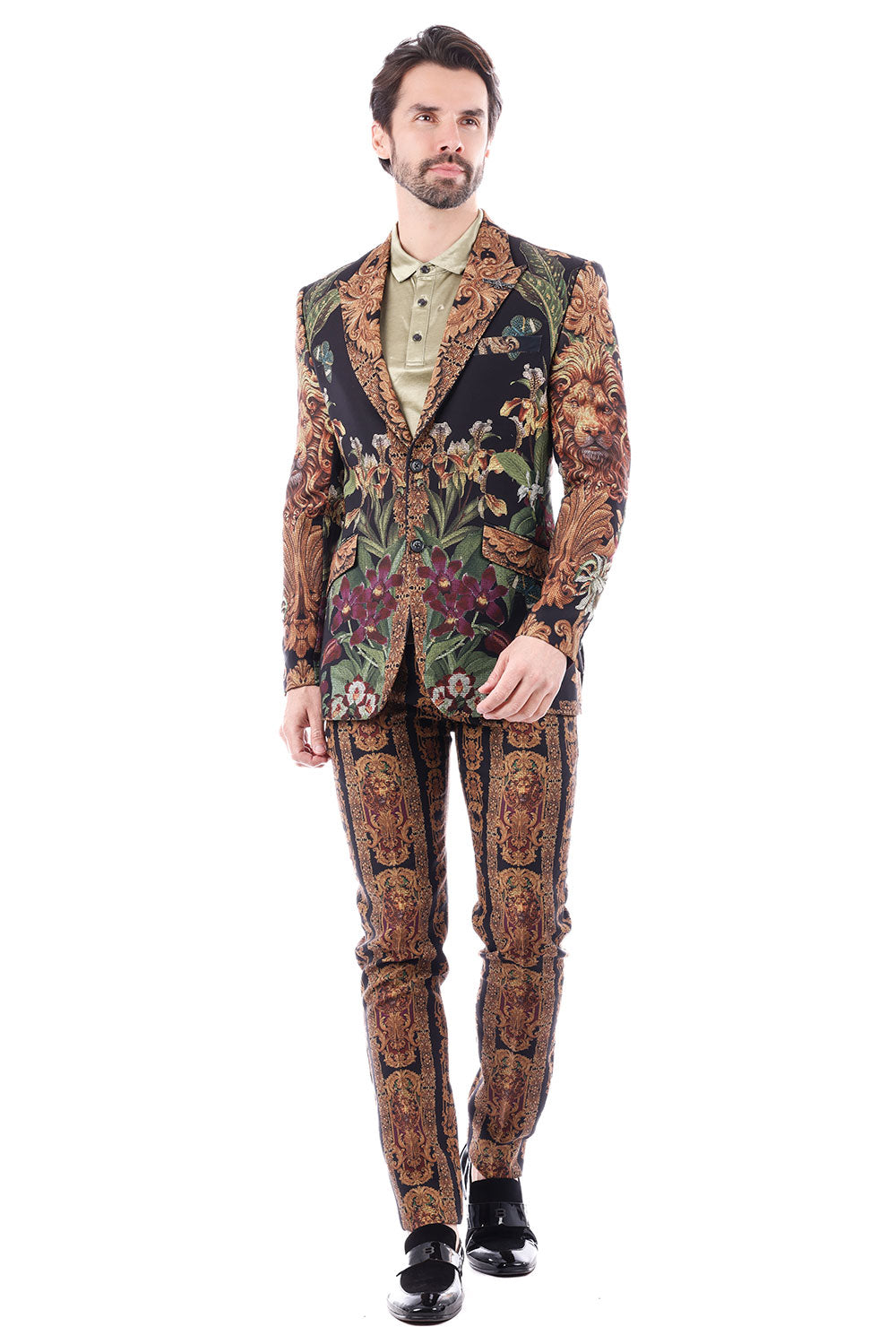 BARABAS Men's Floral Lion Animal Print Peak Lapel Suit 3SU26 Bronze