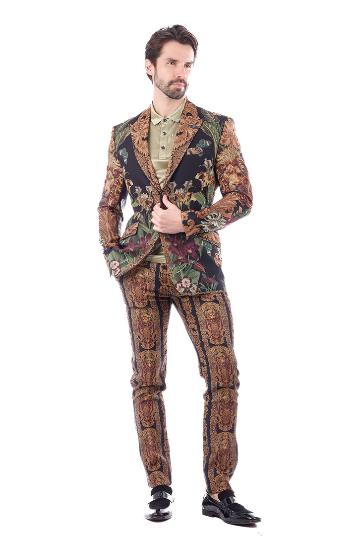 BARABAS Men's Floral Lion Animal Print Peak Lapel Suit 3SU26 Brown