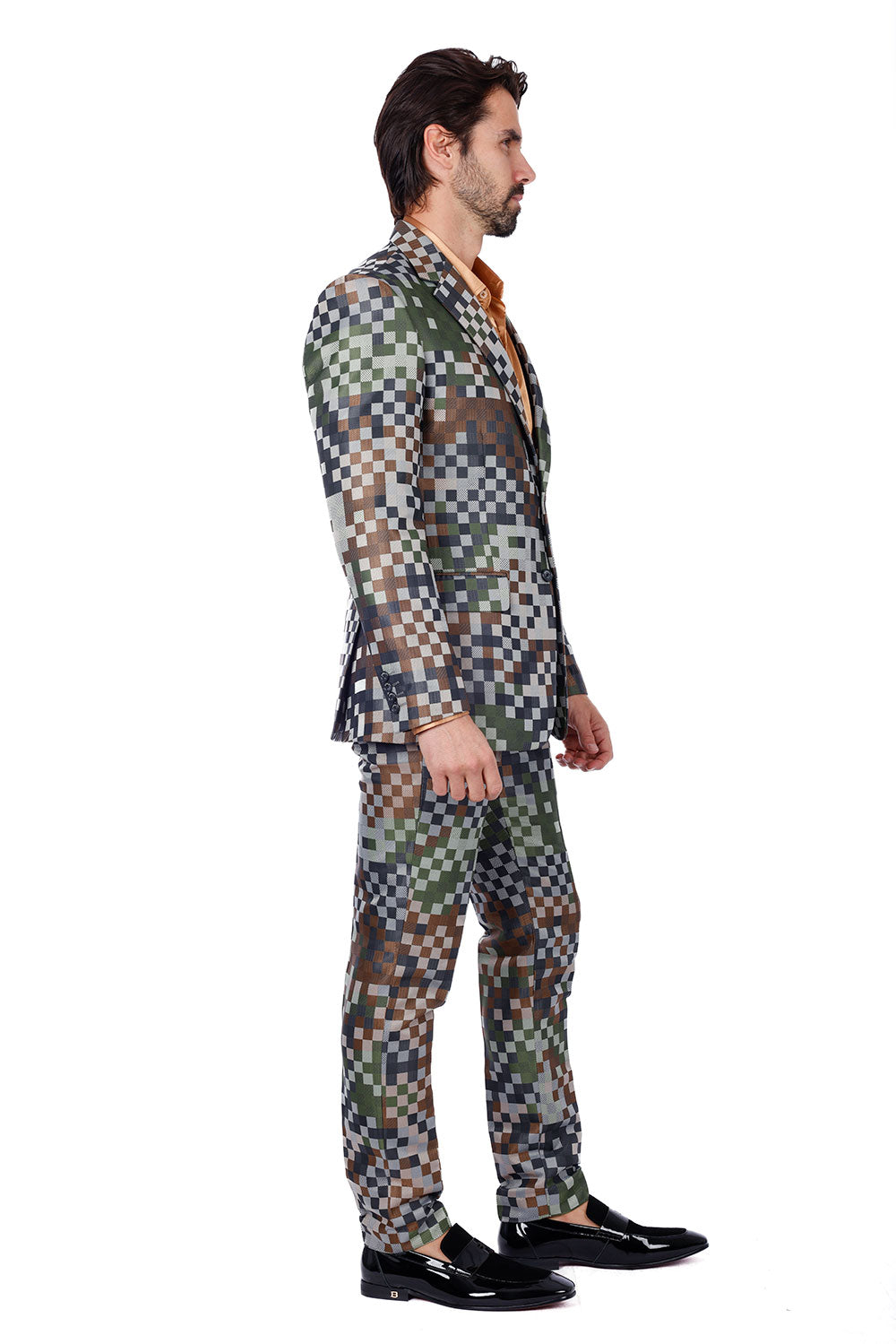 BARABAS Men's Camouflage Cotton Notched Lapel Suit 3SU28 Green