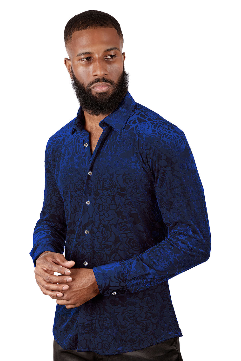 BARABAS Men's See Through Floral Long Sleeve Button Down Shirt 3SVL18 Navy