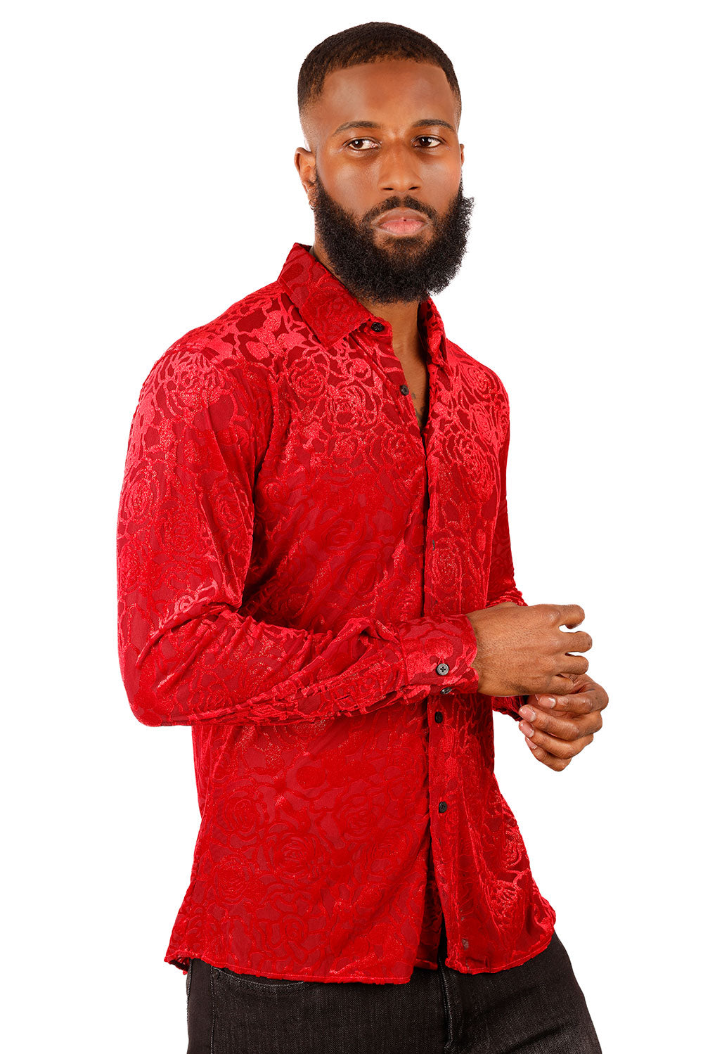 BARABAS Men's See Through Floral Long Sleeve Button Down Shirt 3SVL18 Red