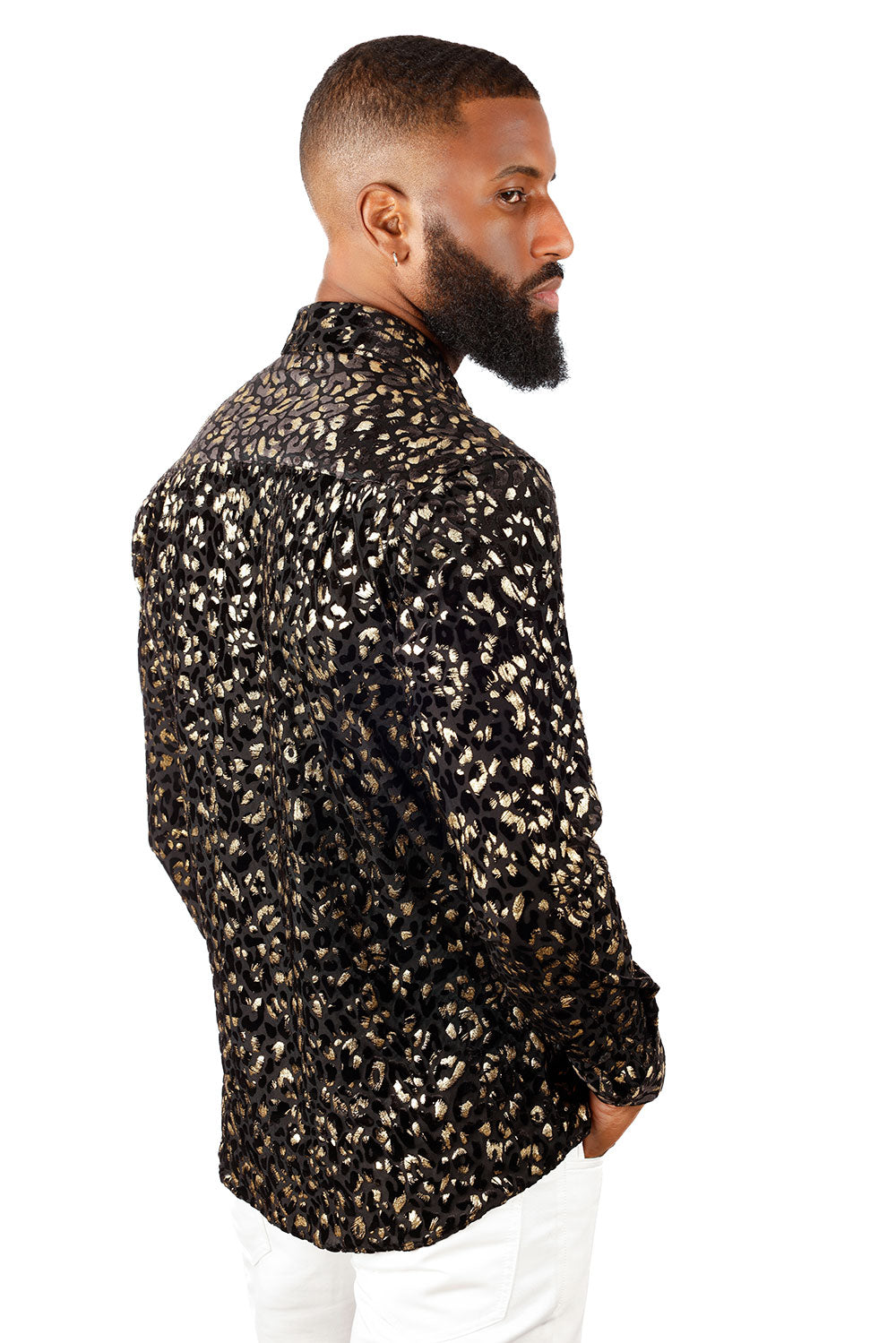 BARABAS Men's See Through Leopard Long Sleeve Button Down Shirt 3SVL19 Gold