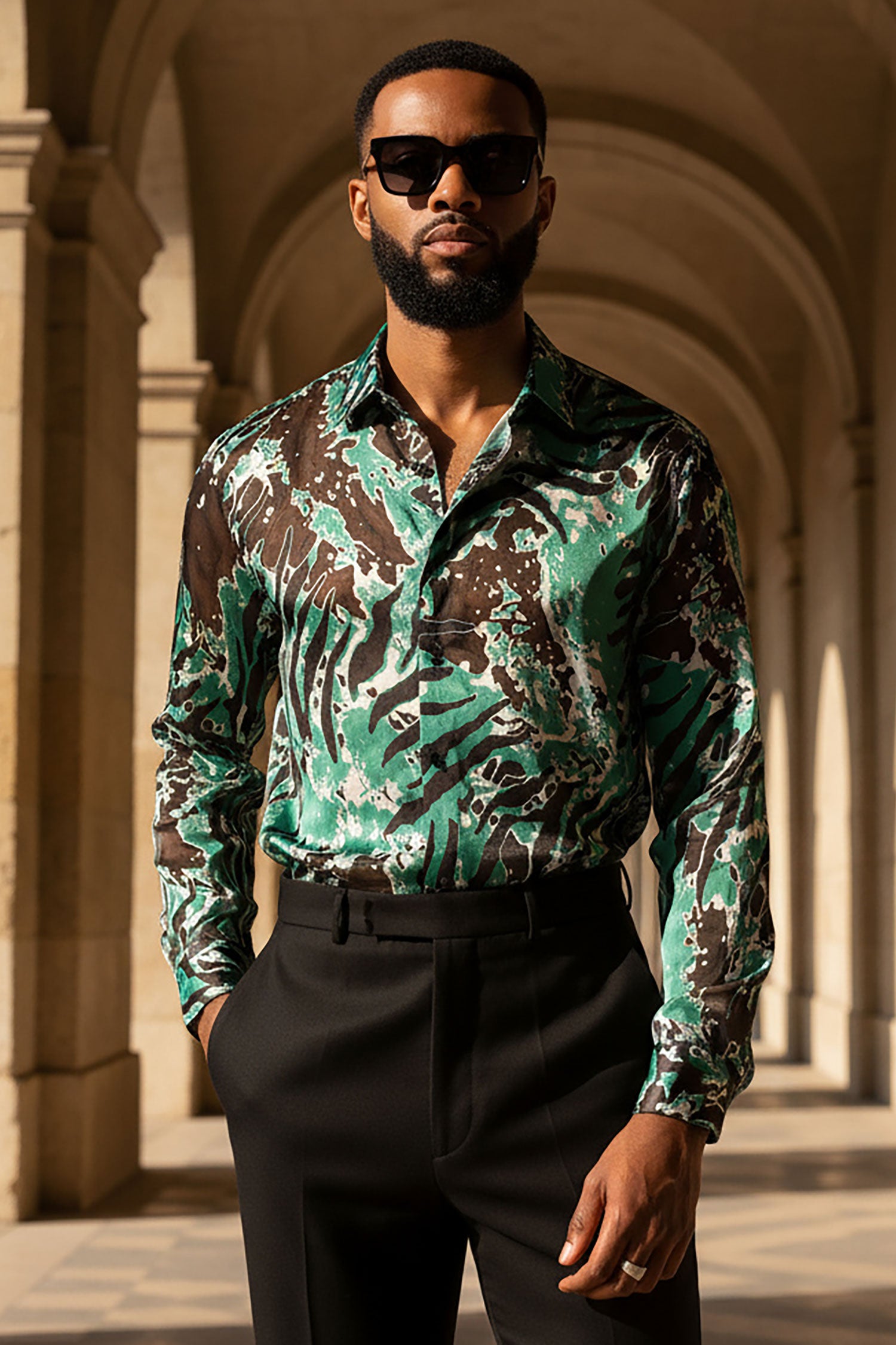 BARABAS Men's See Through Tiger Long Sleeve Button Down Shirt 3SVL22 Green