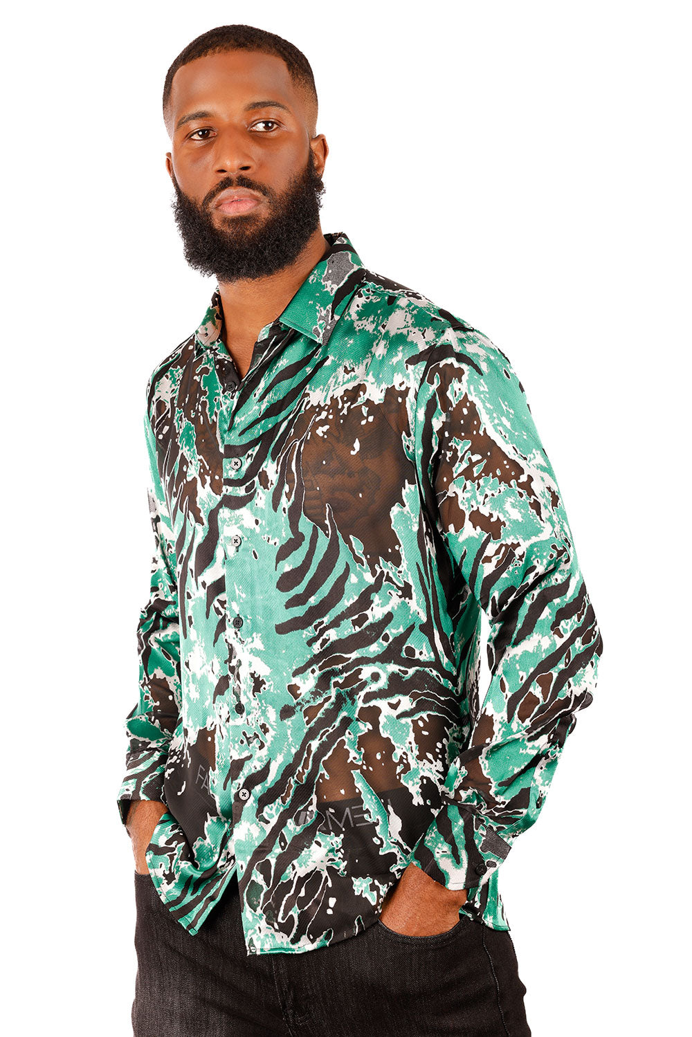 BARABAS Men's See Through Tiger Long Sleeve Button Down Shirt 3SVL22 Green