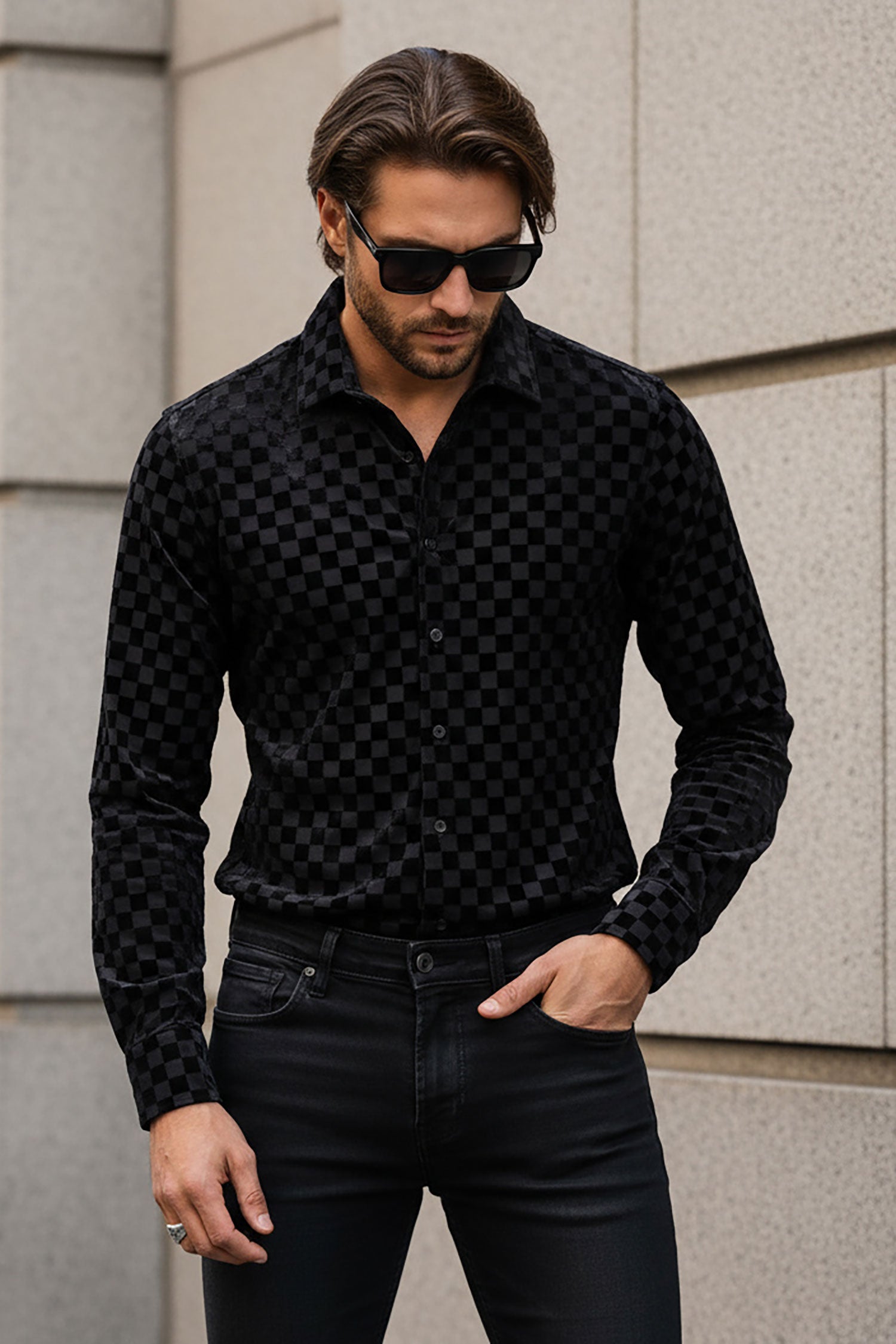 BARABAS Men's See Through Checkered Long Sleeve Shirt 3SVL23 Black