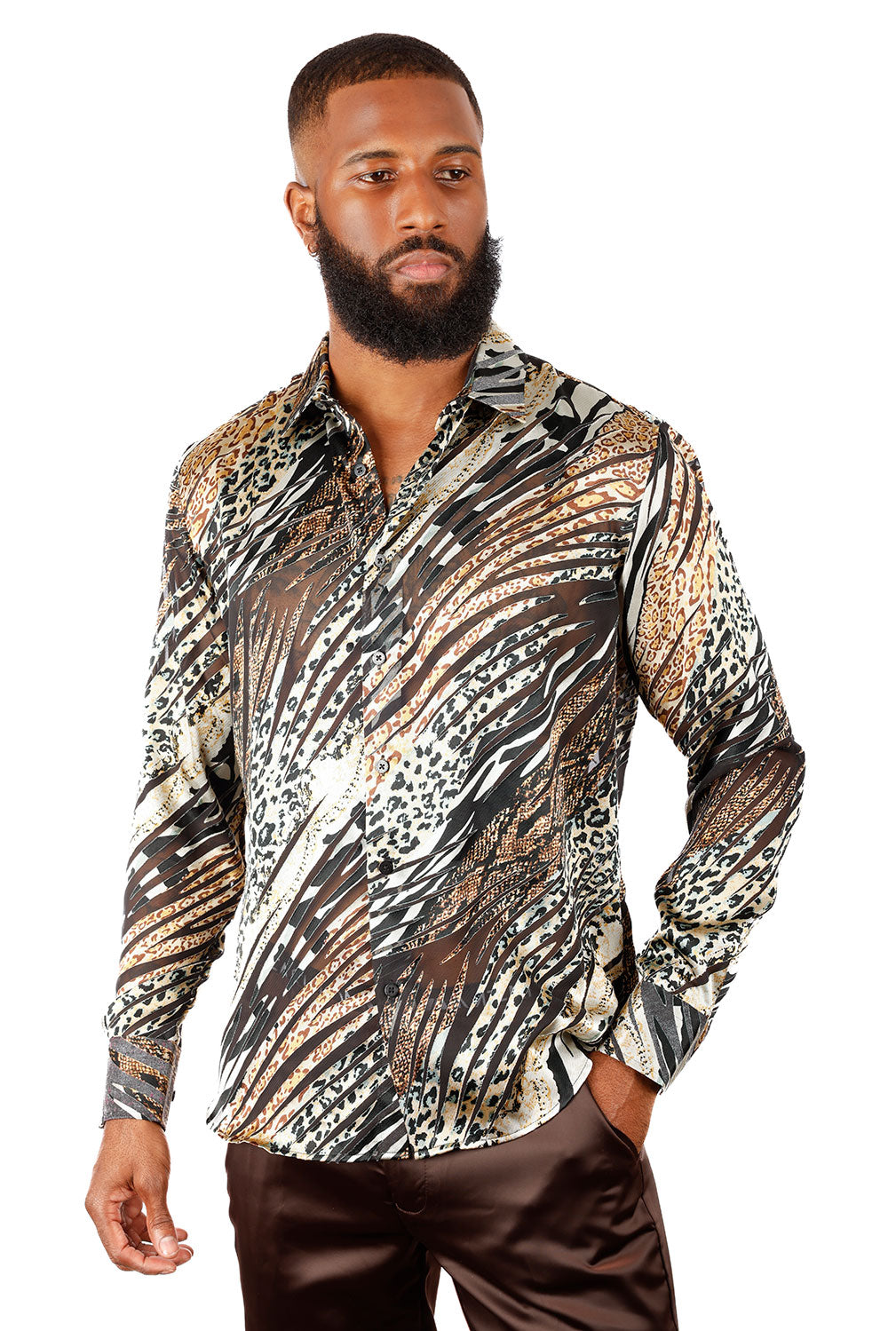 BARABAS Men's See Through Leopard Long Sleeve Button Down Shirt 3SVL25 Multicolor