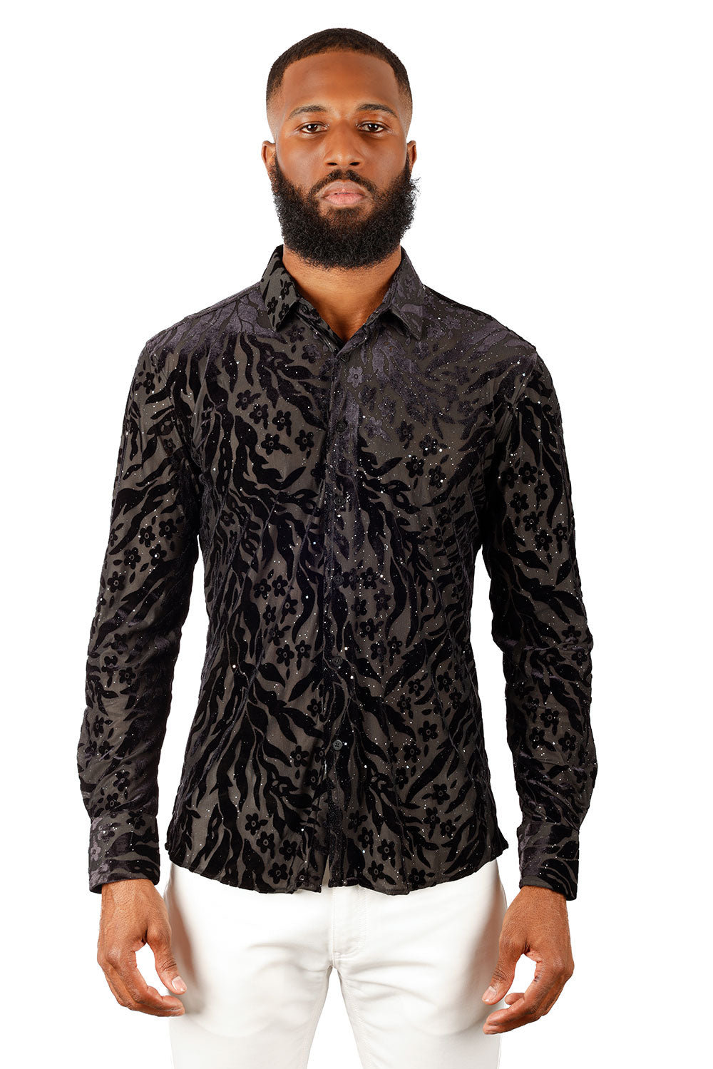 BARABAS Men's See Through FLoral Long Sleeve Button Down Shirt 3SVL26 Black