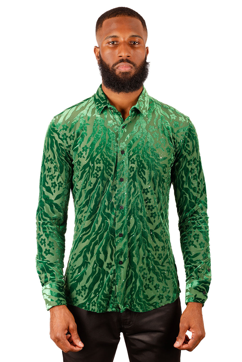 BARABAS Men's See Through FLoral Long Sleeve Button Down Shirt 3SVL26 Green