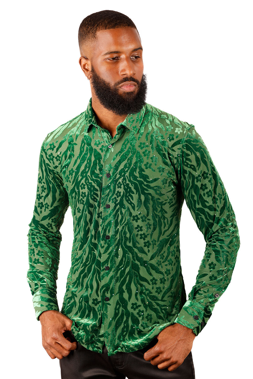 BARABAS Men's See Through FLoral Long Sleeve Button Down Shirt 3SVL26 Green