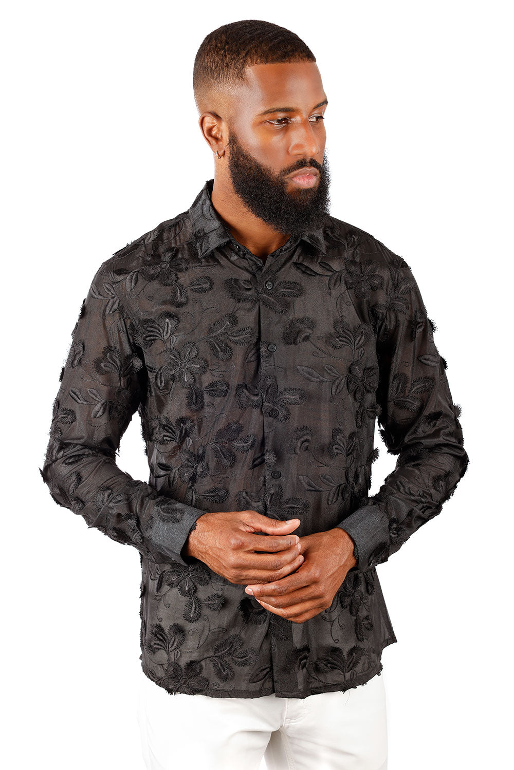 BARABAS Men's See Through Floral Long Sleeve Button Down Shirt 3SVL28 Black