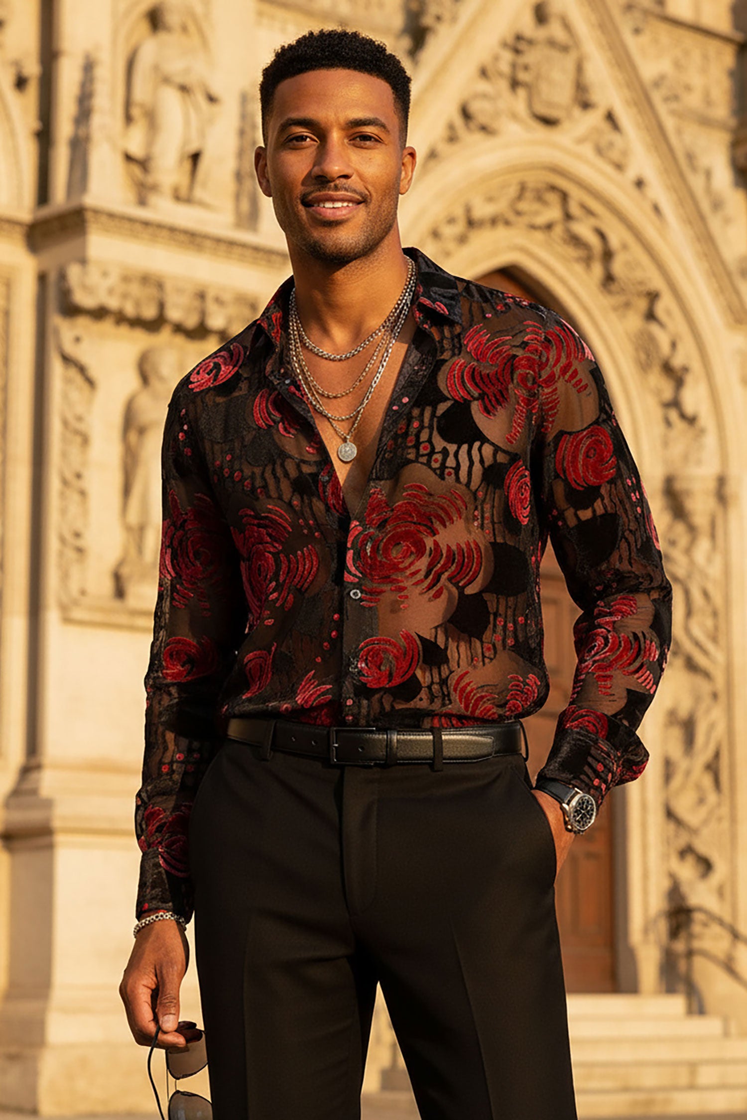 BARABAS Men's See Through Floral Long Sleeve Button Down Shirt 3SVL30 Black Red