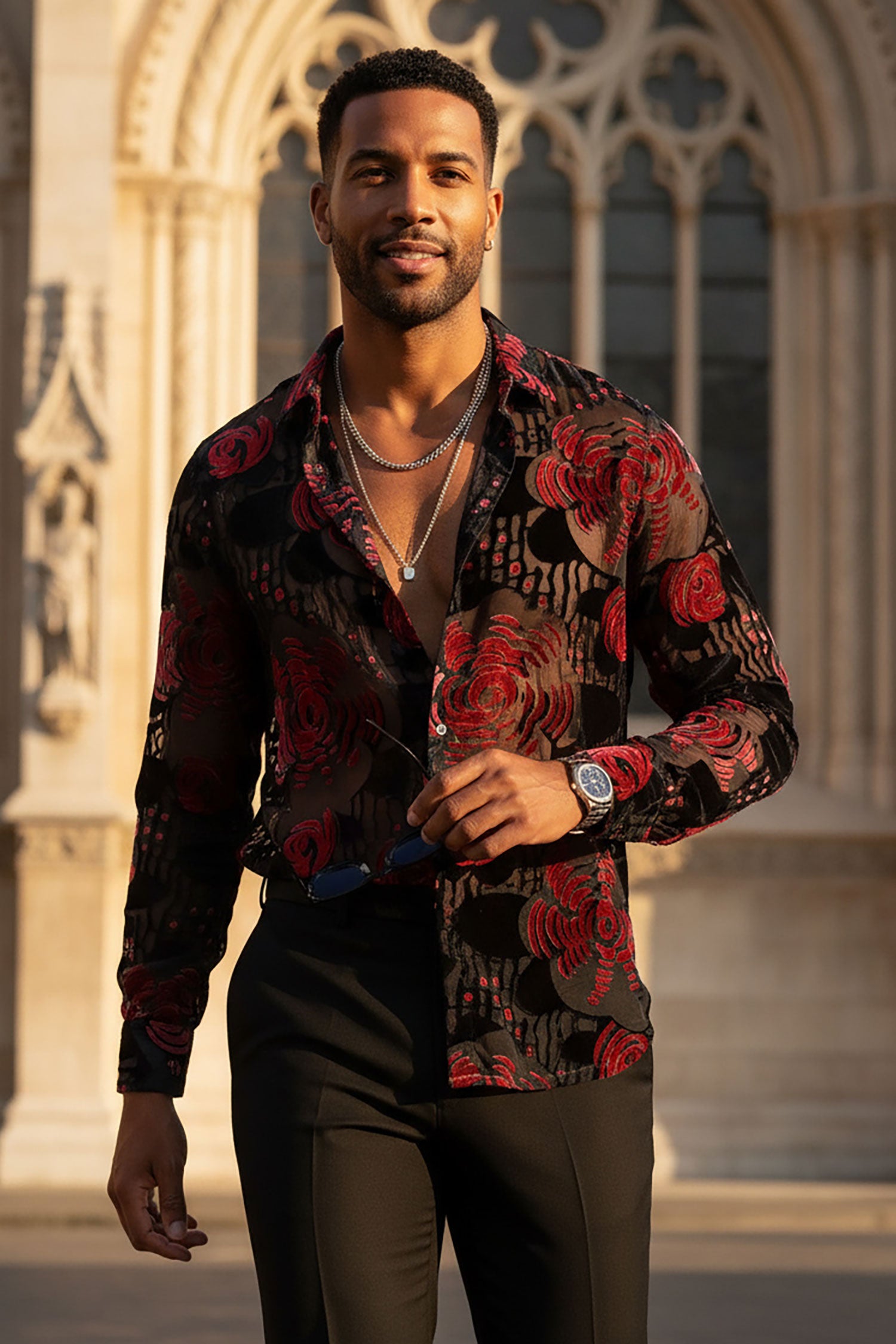 BARABAS Men's See Through Floral Long Sleeve Button Down Shirt 3SVL30 Black Red