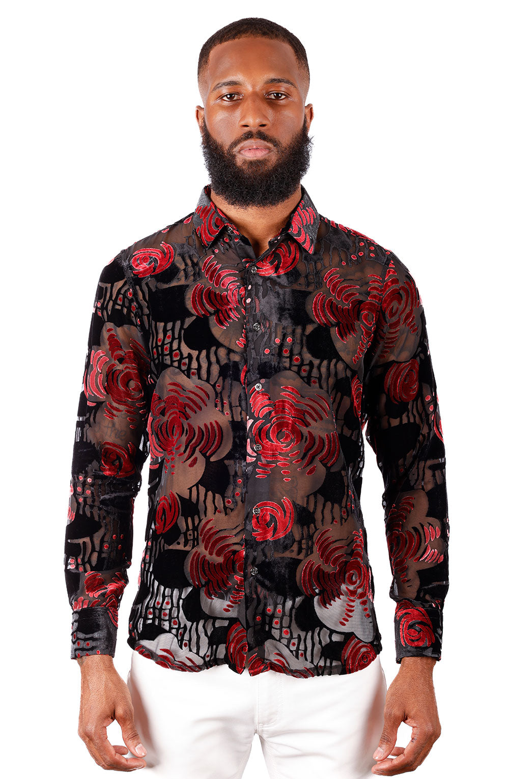 BARABAS Men's See Through Floral Long Sleeve Button Down Shirt 3SVL30 Black Red