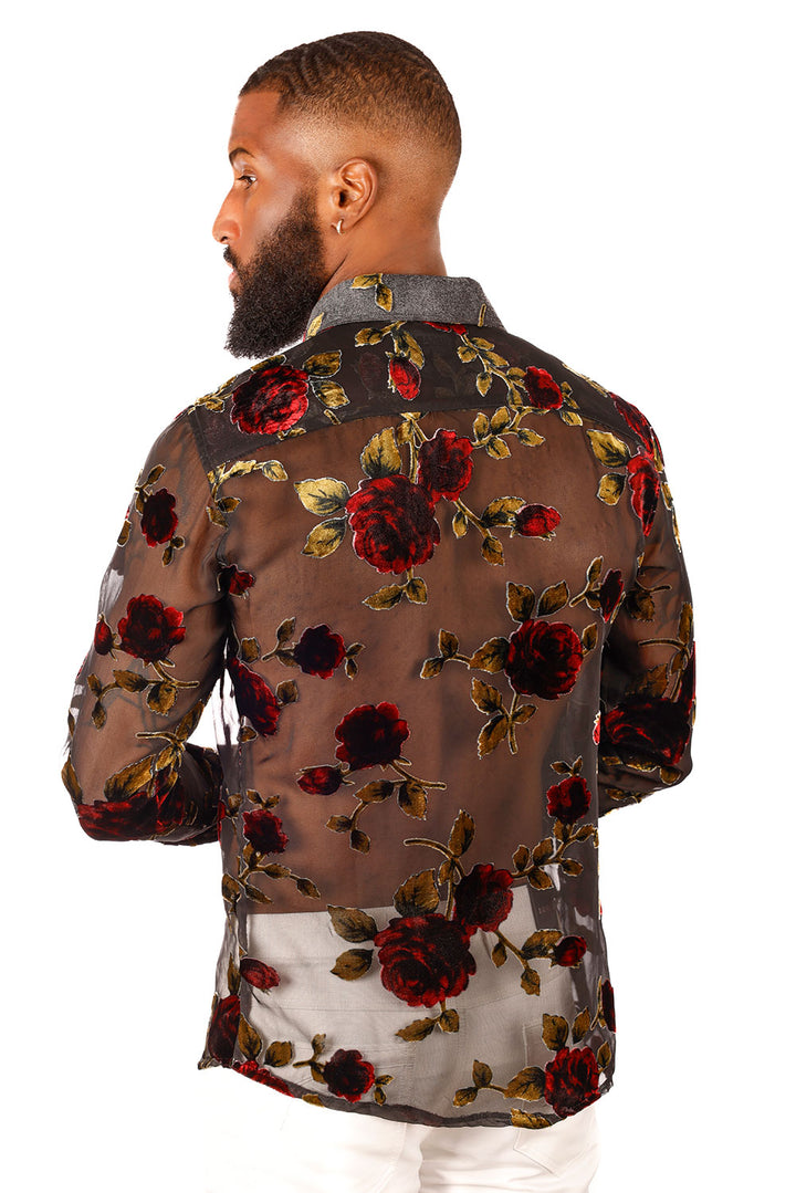 BARABAS Men's See Through Roses Long Sleeve Button Down Shirt 3SVL31 Black Red