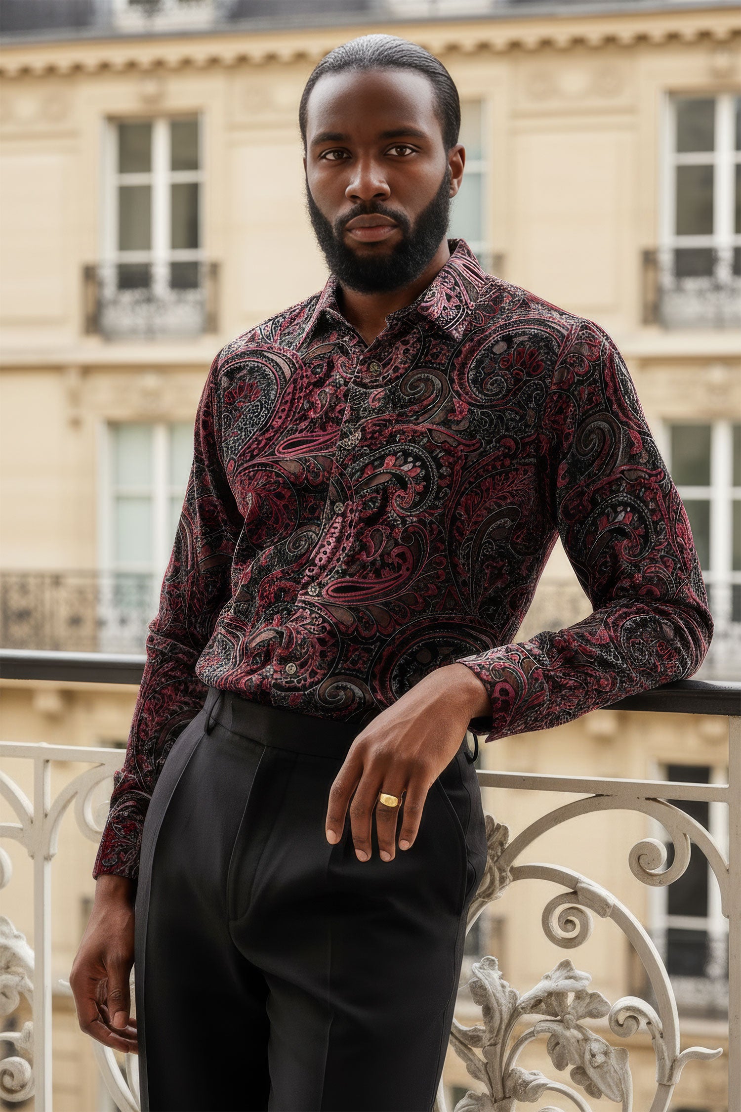 BARABAS Men's See Through Paisley Long Sleeve Button Down Shirt 3SVL32 Wine Black