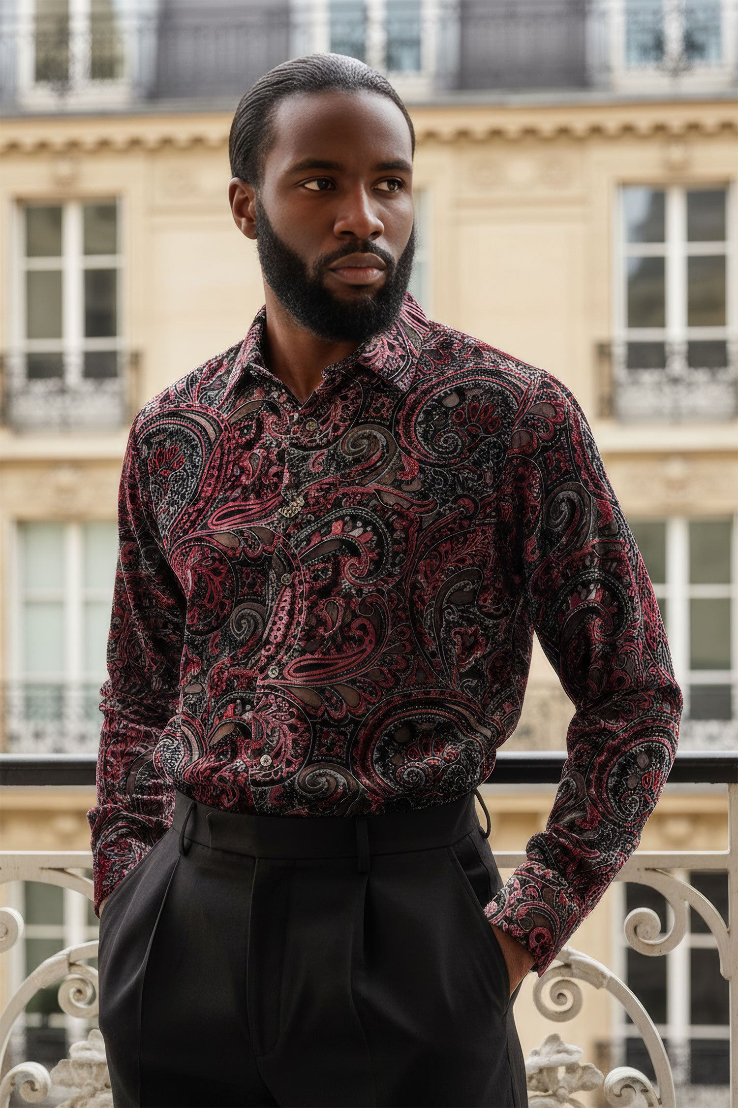 BARABAS Men's See Through Paisley Long Sleeve Button Down Shirt 3SVL32 Wine Black