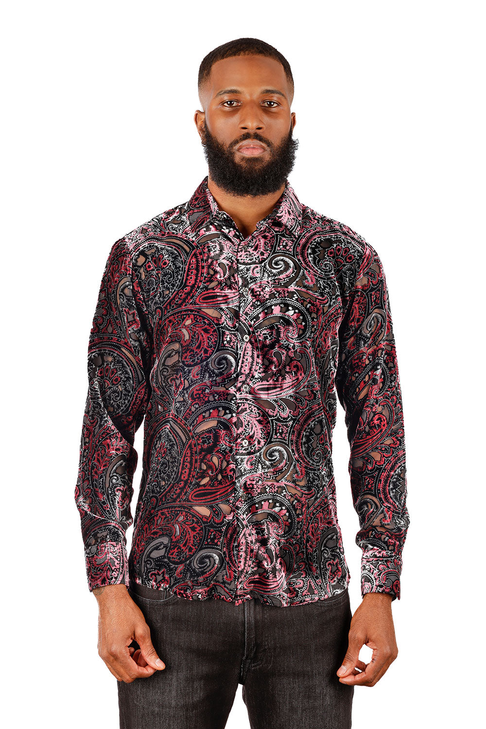 BARABAS Men's See Through Paisley Long Sleeve Button Down Shirt 3SVL32 Wine Black