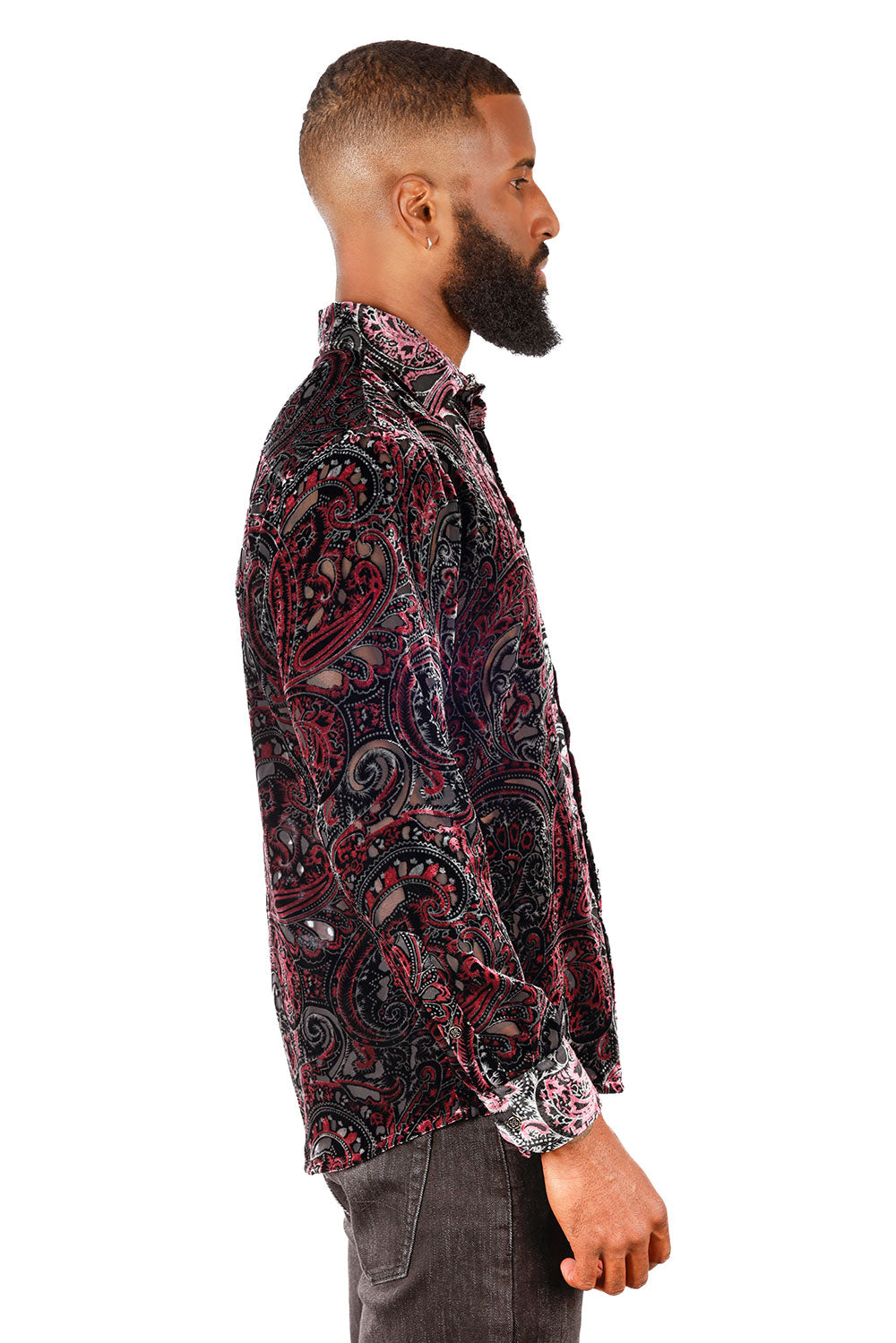 BARABAS Men's See Through Paisley Long Sleeve Button Down Shirt 3SVL32 Wine Black