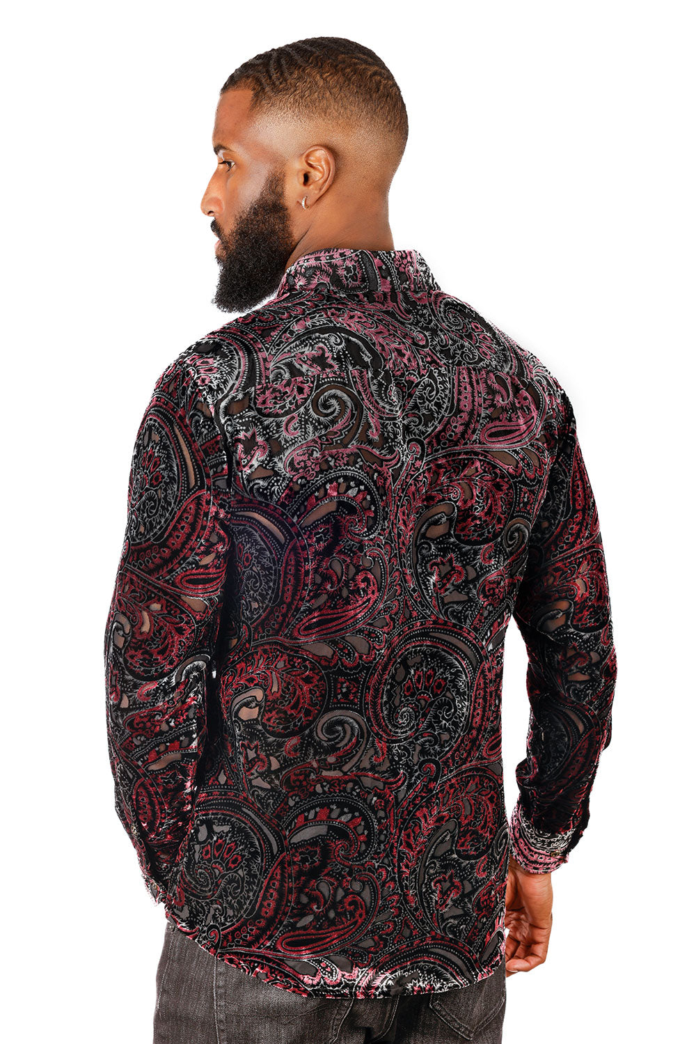 BARABAS Men's See Through Paisley Long Sleeve Button Down Shirt 3SVL32 Wine Black