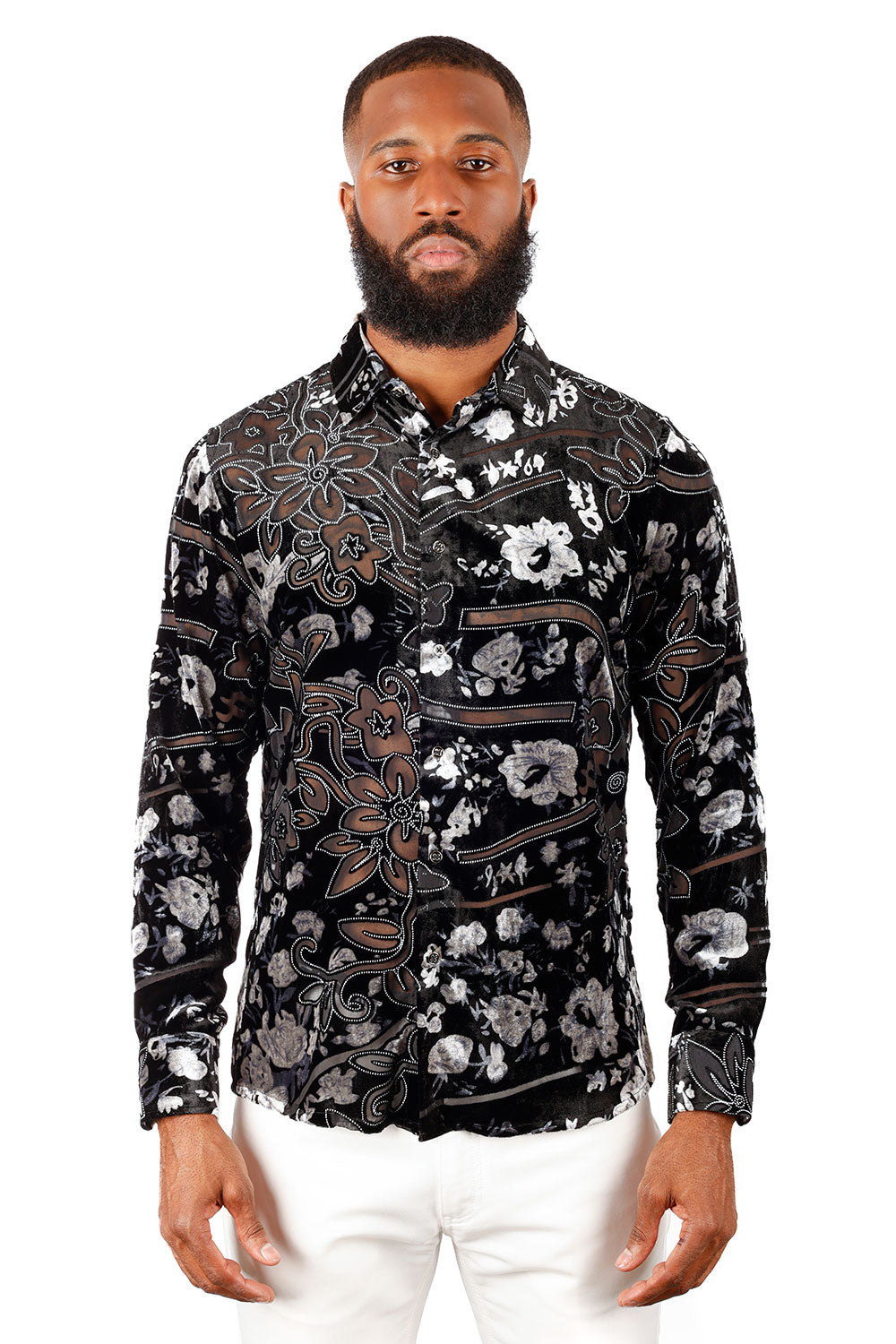 BARABAS Men's See Through Floral Long Sleeve Button Down Shirt 3SVL33 Black