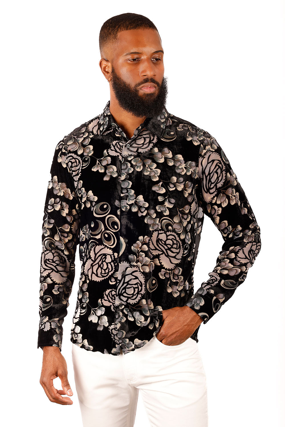 BARABAS Men's See Through Floral Long Sleeve Button Down Shirt 3SVL36 Black