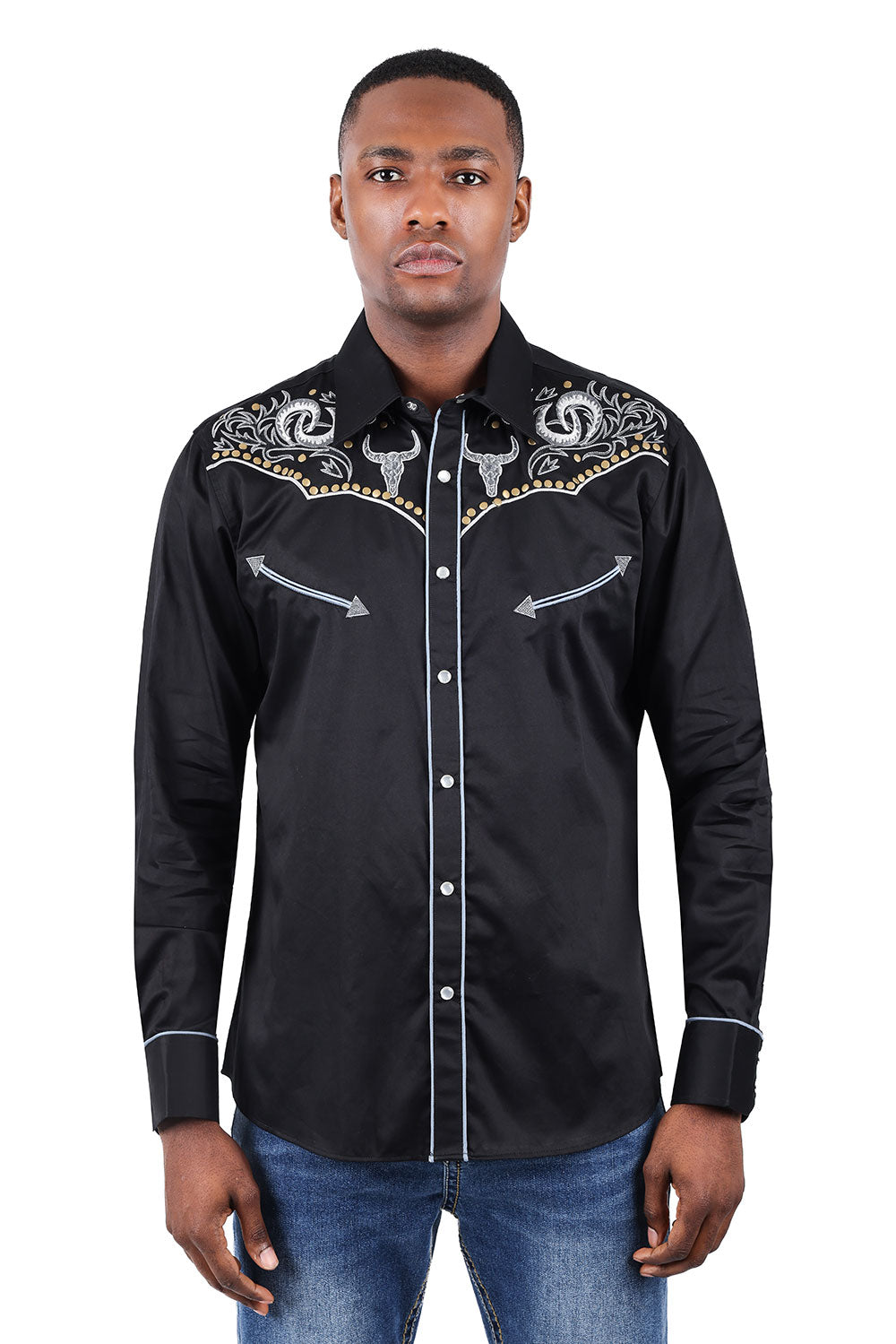 BARABAS Men's Bulls Embroidered Studded Floral Western Shirts 3WS4 Black