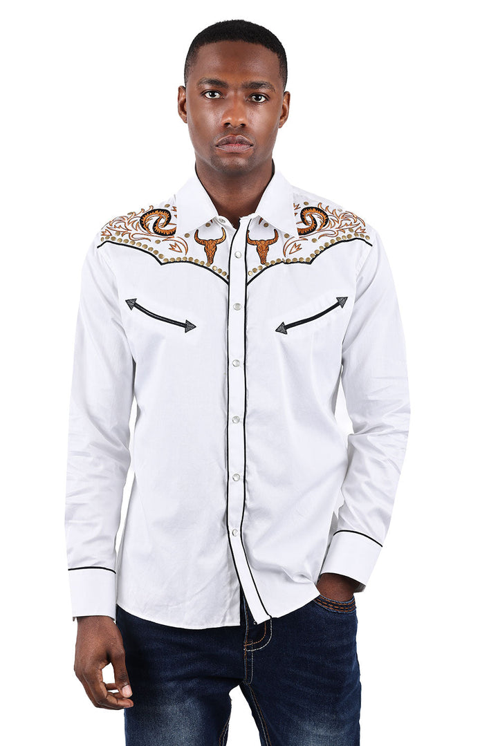 BARABAS Men's Bulls Embroidered Studded Floral Western Shirts 3WS4 White