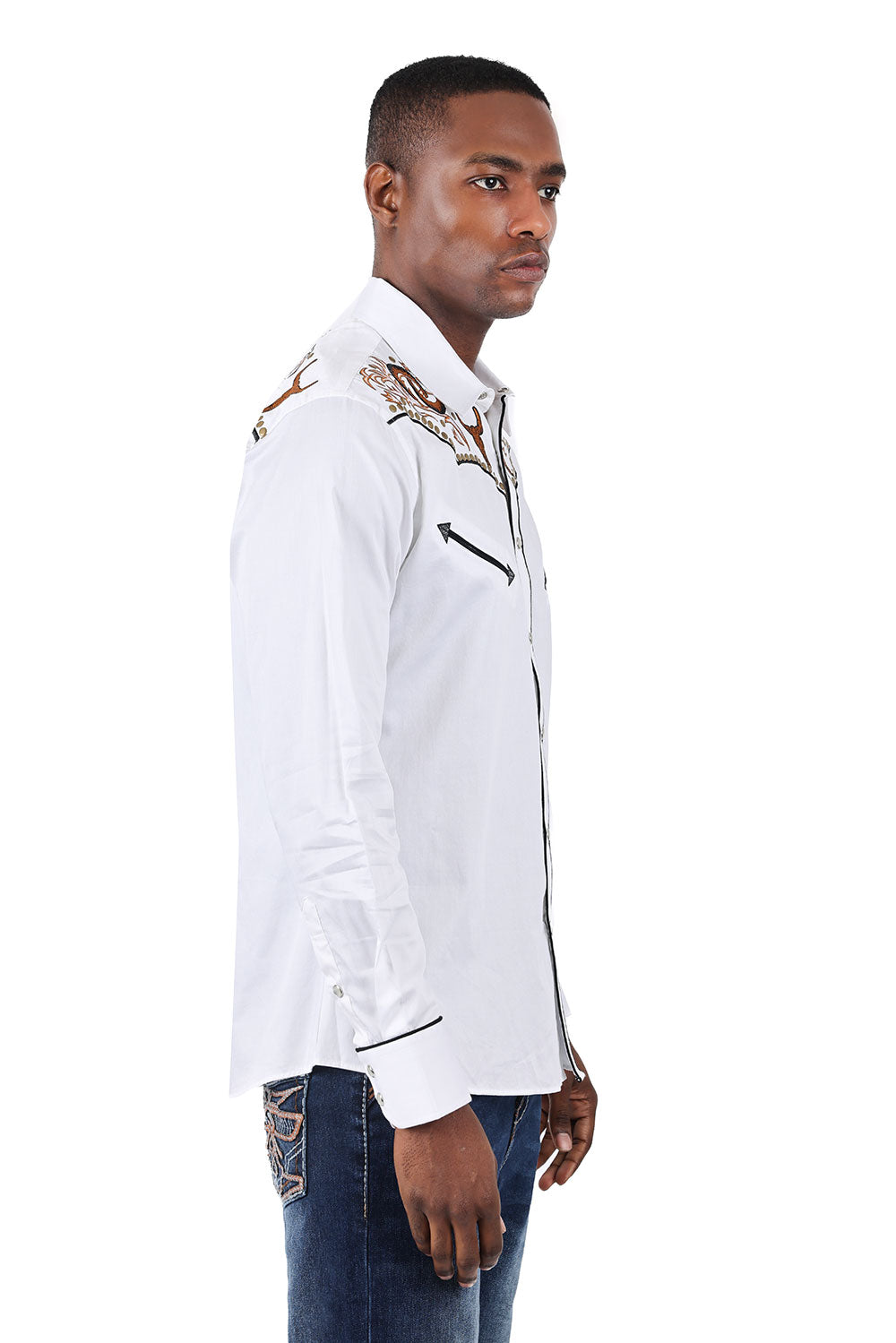 BARABAS Men's Bulls Embroidered Long Sleeve Western Shirts 3WS4 White