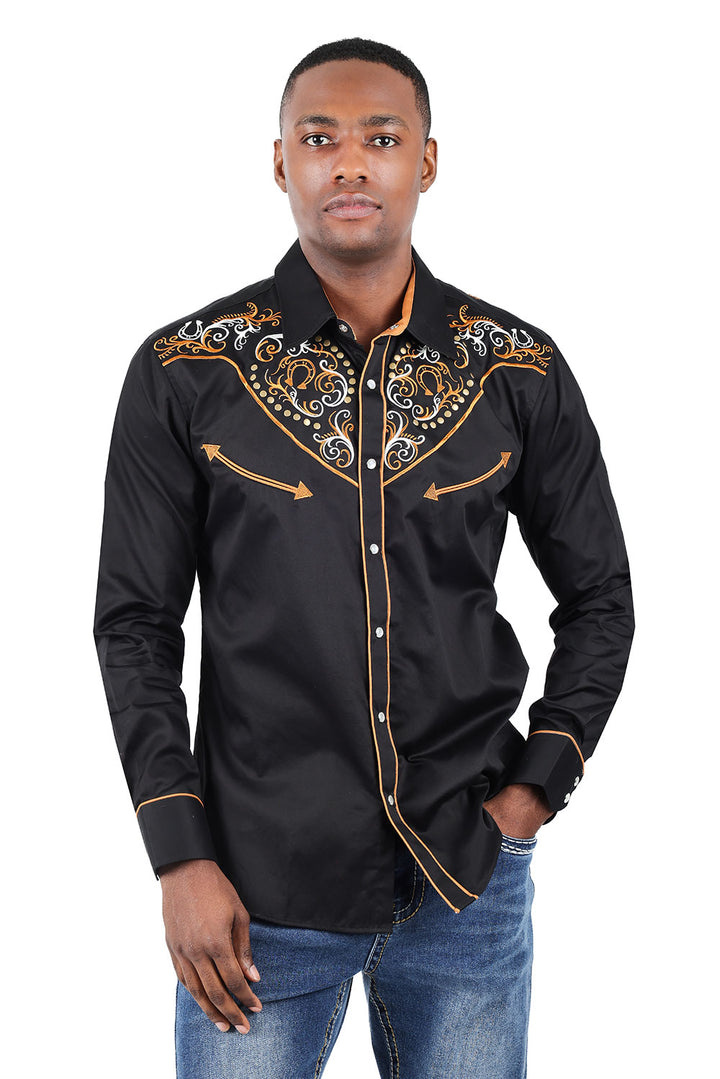 BARABAS Men's Floral Arrow Embroidery Long Sleeve Western Shirts 3WS7 Black