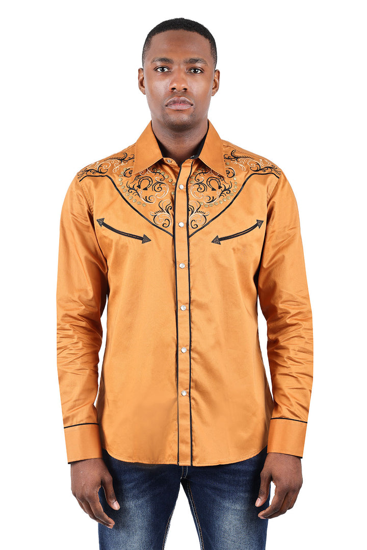 BARABAS Men's Floral Arrow Embroidery Long Sleeve Western Shirts 3WS7 Camel