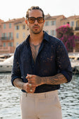 BARABAS Men's Lace See Through Stretch Sheer Long Sleeve Shirts 3B25 #Color_Navy