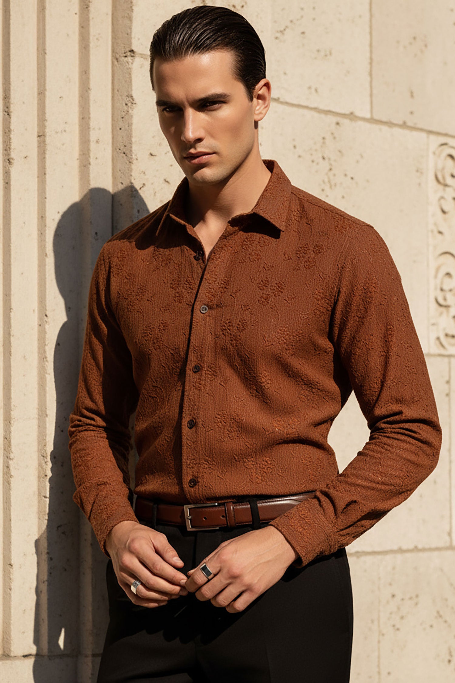 BARABAS Men's Lace See Through Stretch Sheer Long Sleeve Shirts 3B25 Nutshell
