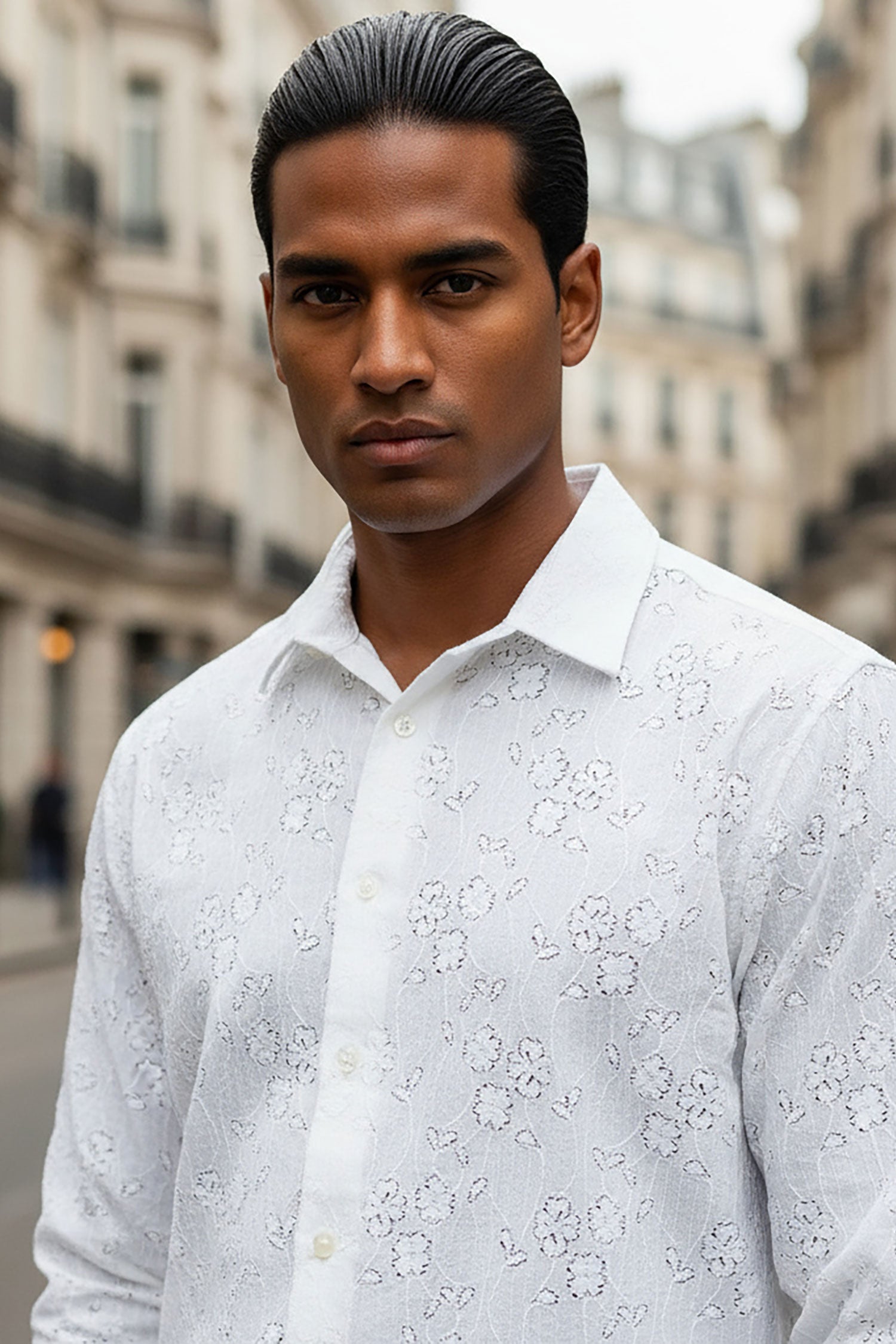 BARABAS Men's Lace See Through Stretch Sheer Long Sleeve Shirts 3B25 White