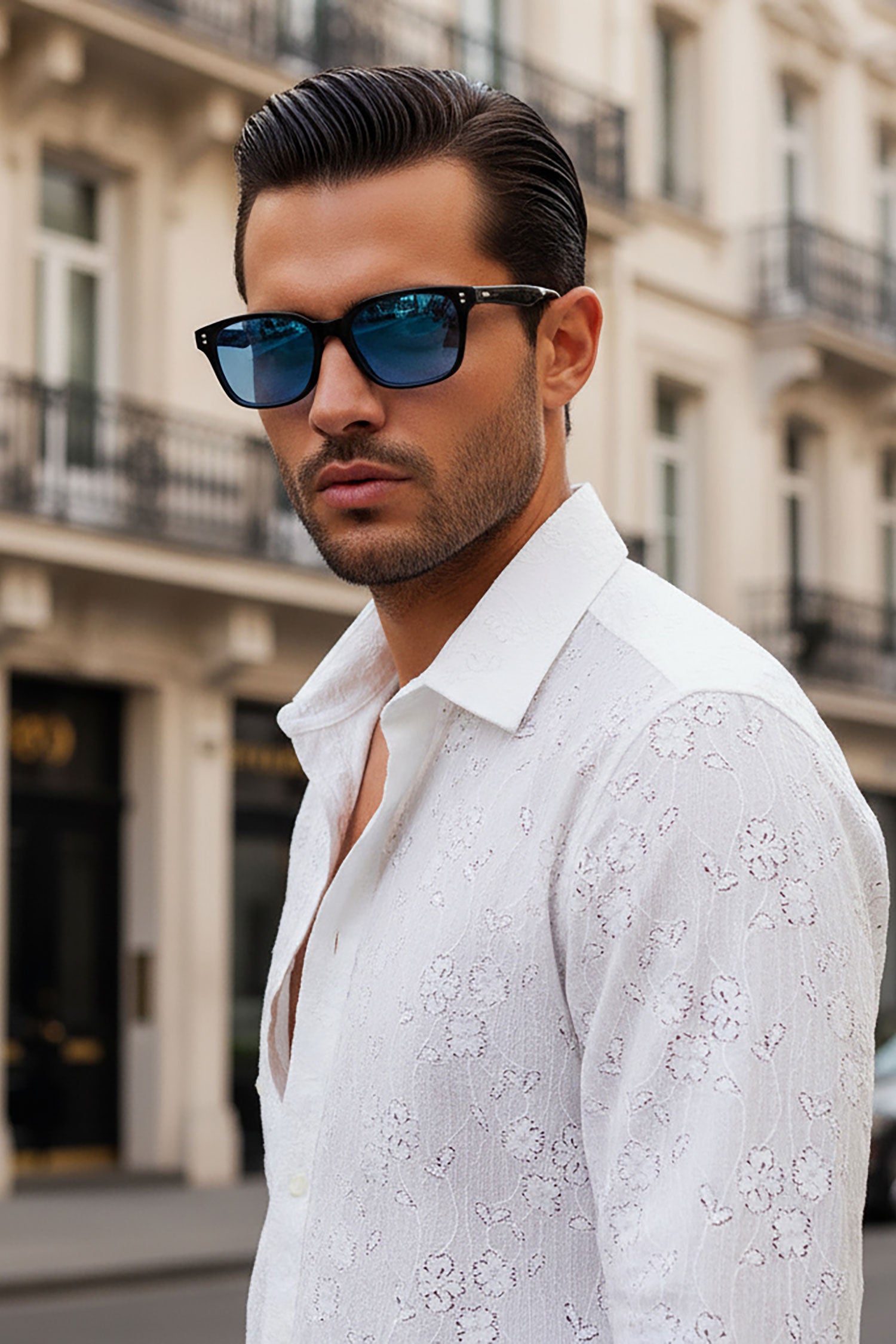 BARABAS Men's Lace See Through Stretch Sheer Long Sleeve Shirts 3B25 White
